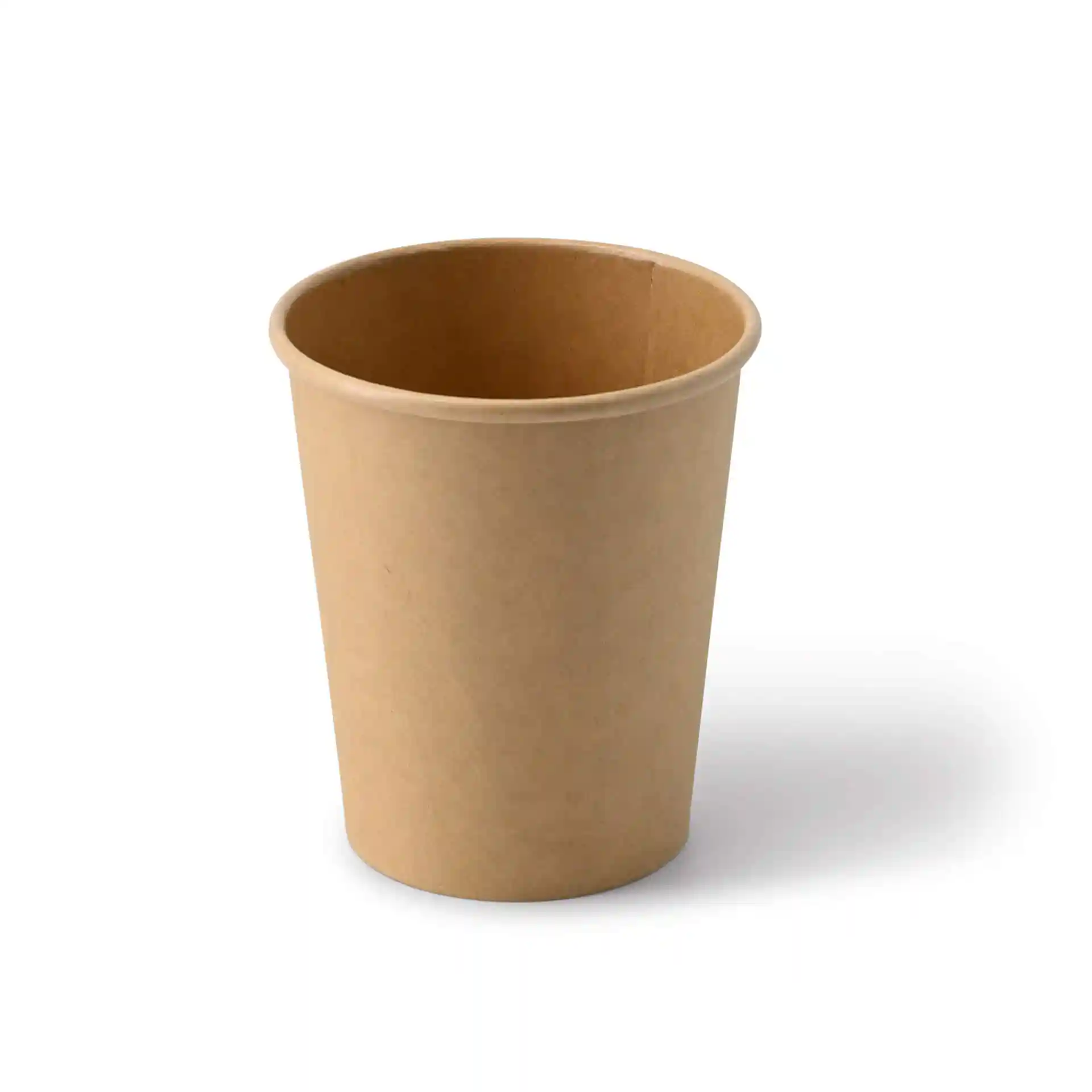 Gobelet en papier brun de 8 oz en carton, forme ronde, avec un intérieur enduit, présenté sur un fond uni.