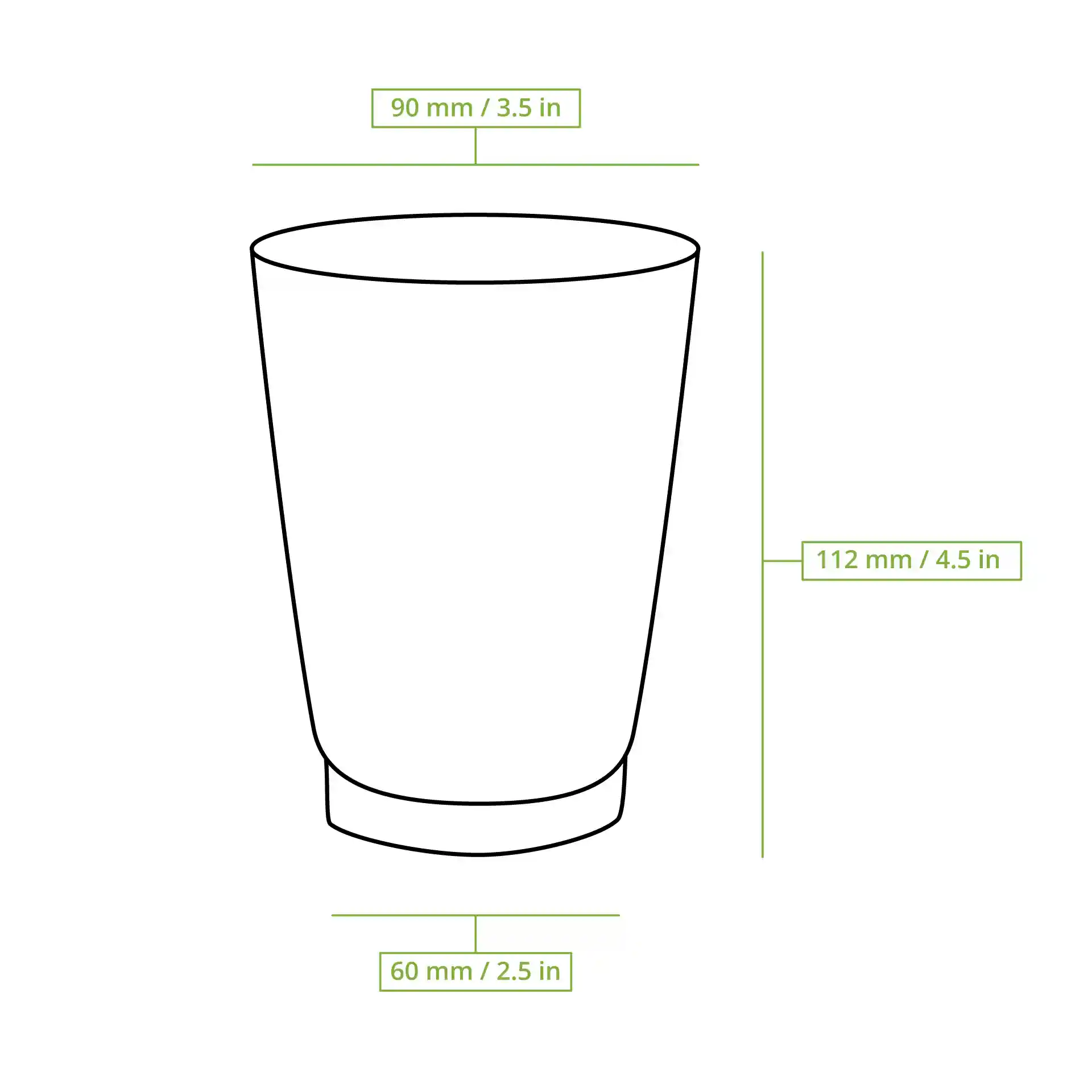 Dessin schématique d'un gobelet strié avec dimensions : hauteur 112 mm, diamètre supérieur 90 mm et diamètre de base 60 mm.
