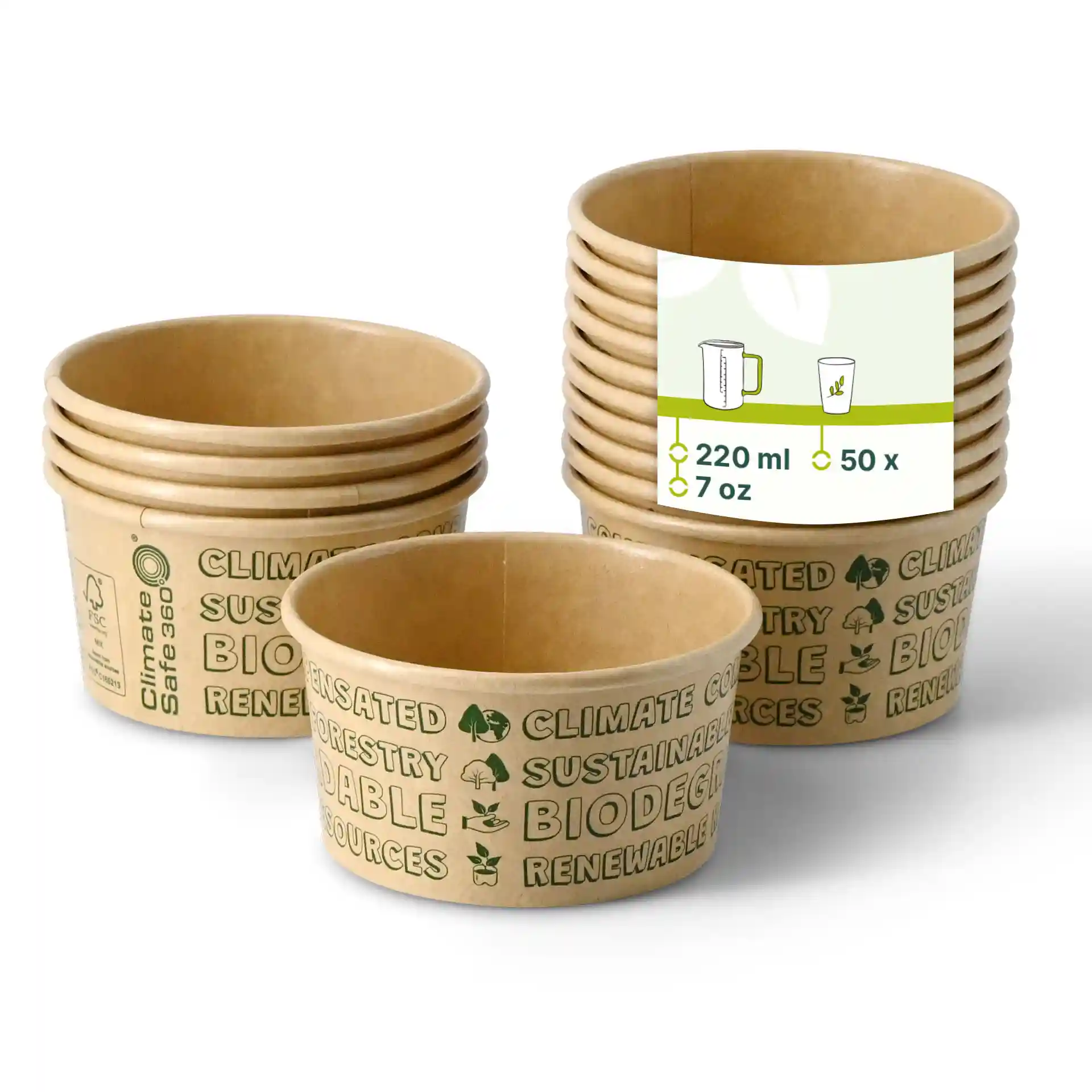 Cups en papier marron empilés, montrant un cup devant avec un diamètre de 92 mm et une hauteur de 50 mm.