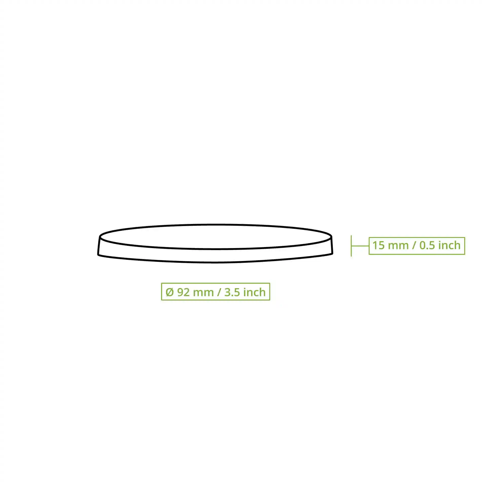 Dessin schématique d'un couvercle en carton rond de 92 mm de diamètre et 15 mm de hauteur.