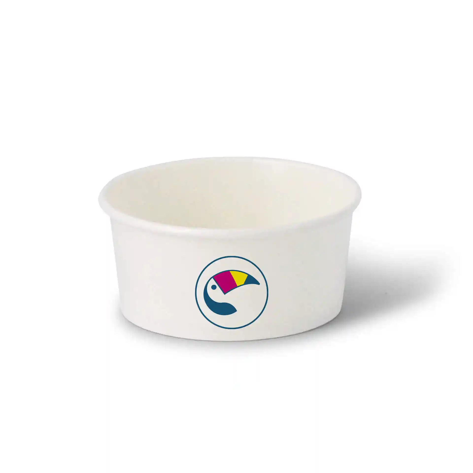 Gobelet en carton blanc rond pour glace avec un logo de toucan coloré, capacité de 100 ml, sur un fond uni.