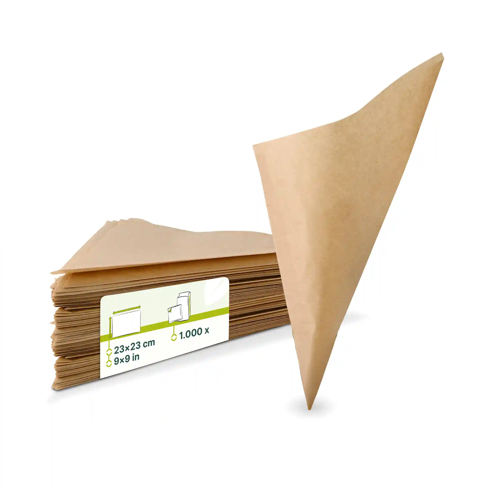 Sacs en papier brun pour frites, 23 × 23 cm, empilés avec un sac en forme de cône sur le dessus.