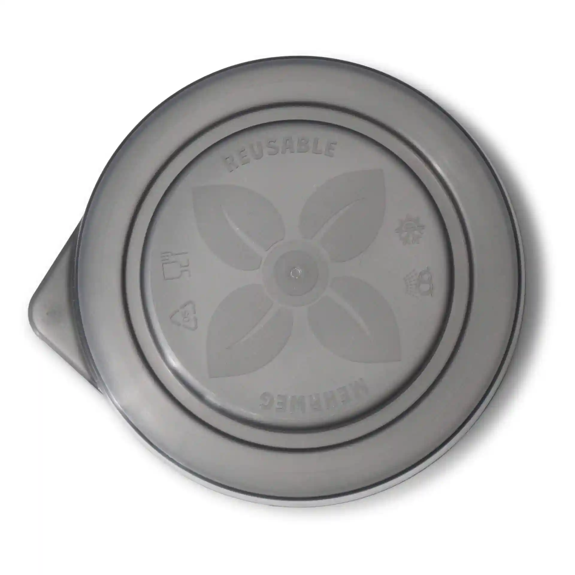 Couvercle rond gris réutilisable en PP, d'un diamètre de 95 mm et d'une hauteur de 15 mm.