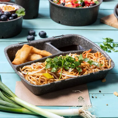 Boîte de repas contenant des nouilles, garniture de légumes et rouleaux de printemps, placée sur une table en bois bleue avec des ingrédients frais autour.
