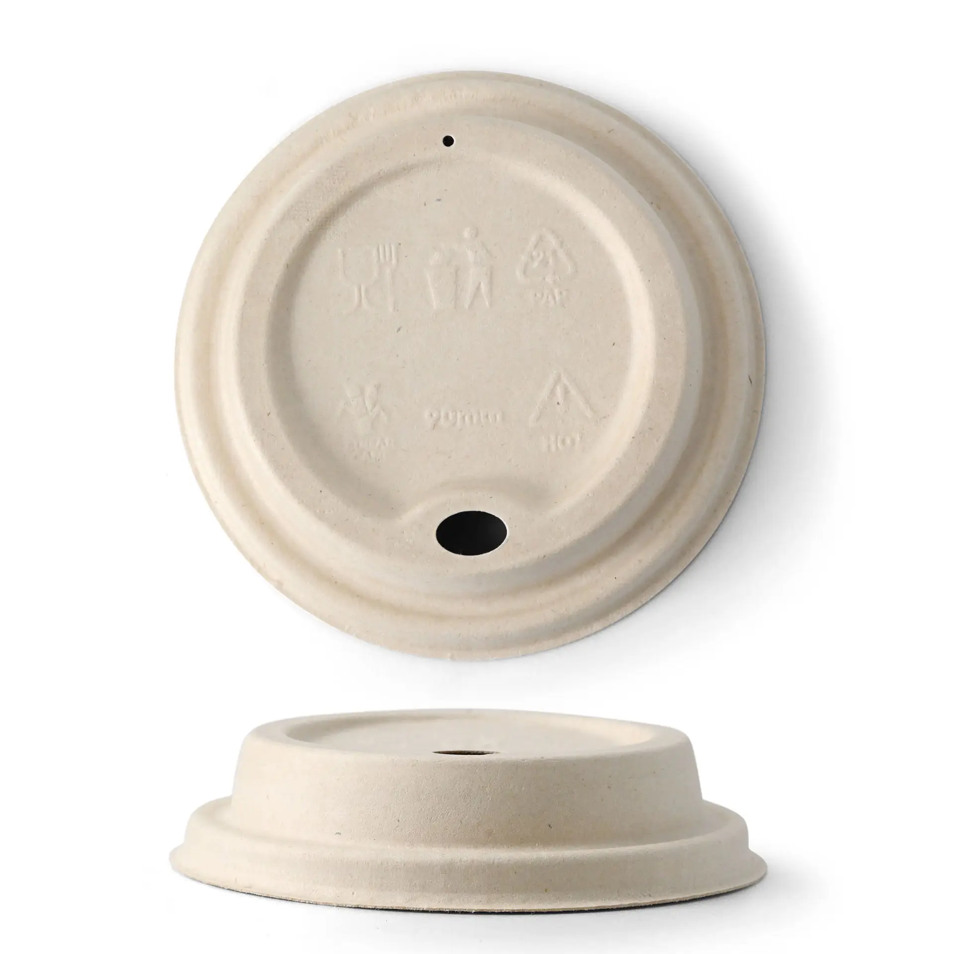 Couvercle en canne à sucre brun pour gobelets en papier, diamètre 90 mm, avec ouverture pour boire et symboles de recyclage.