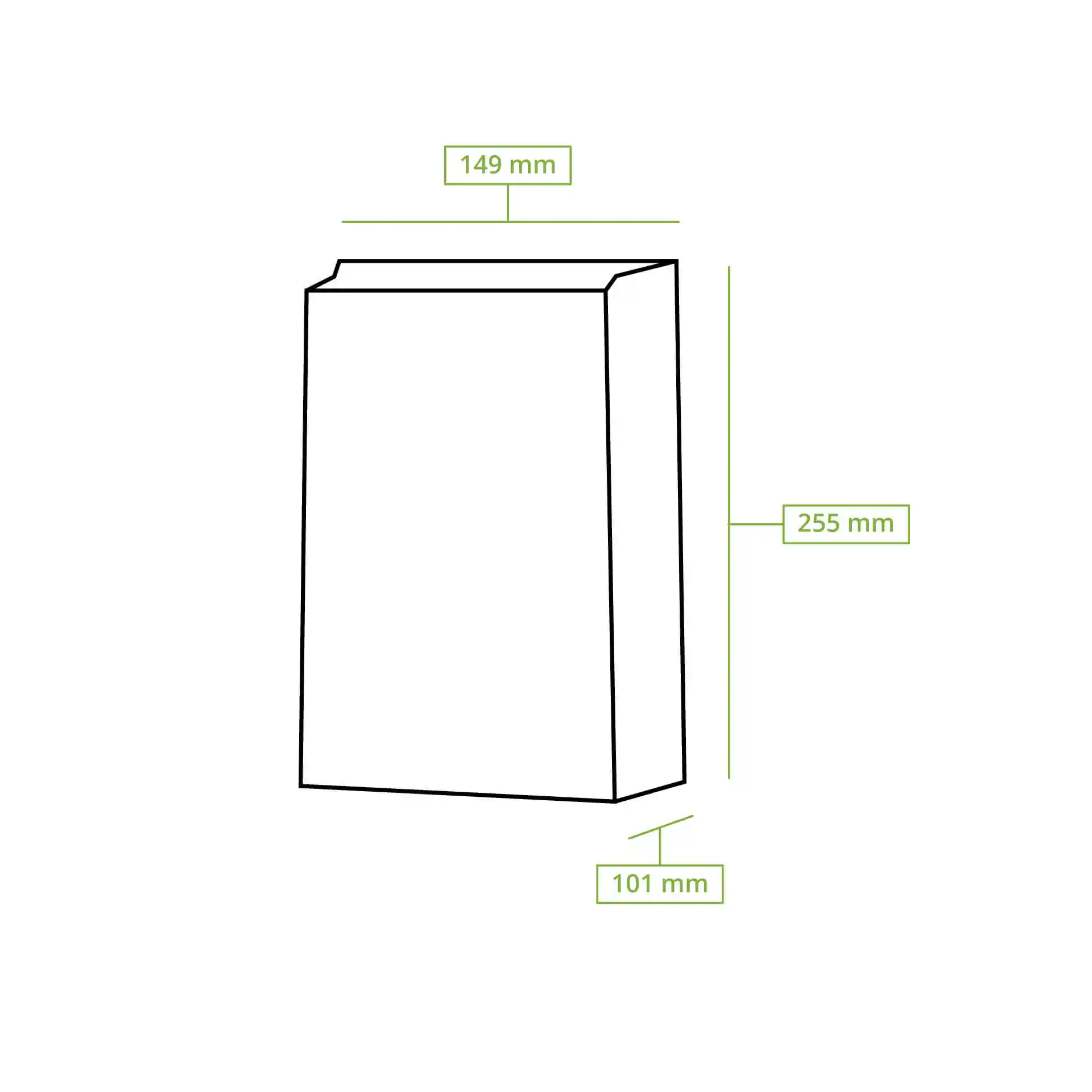Dessin schématique d'un sac à fond plat avec des dimensions de 150 mm de longueur, 255 mm de hauteur et 100 mm de largeur.