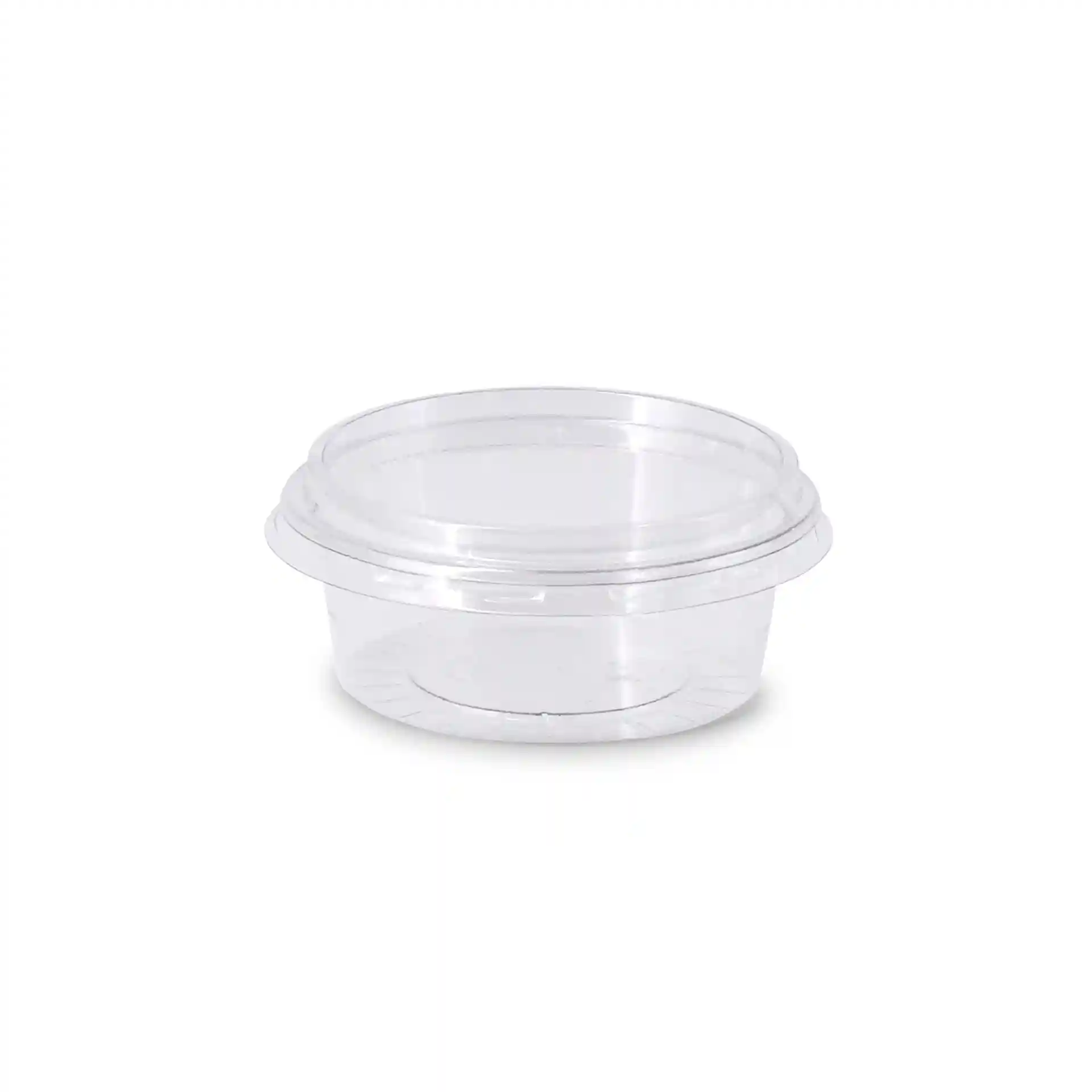 Pot à dip rond transparent de 75 mm de diamètre et 26 mm de hauteur, fabriqué en matériau rPET.