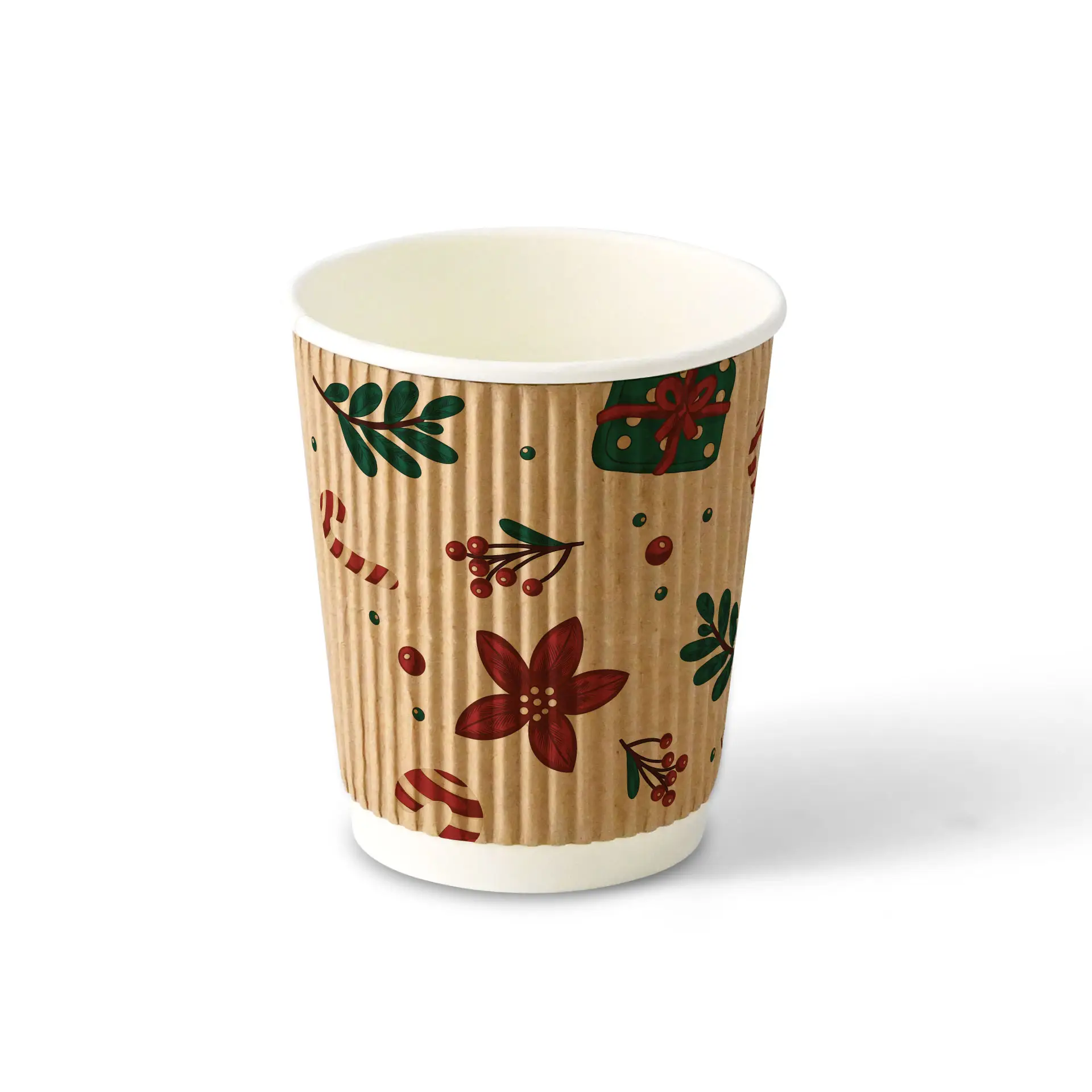 Gobelet ondulé marron avec design d'hiver, capacité de 200 ml, présentant des motifs floraux et festifs.