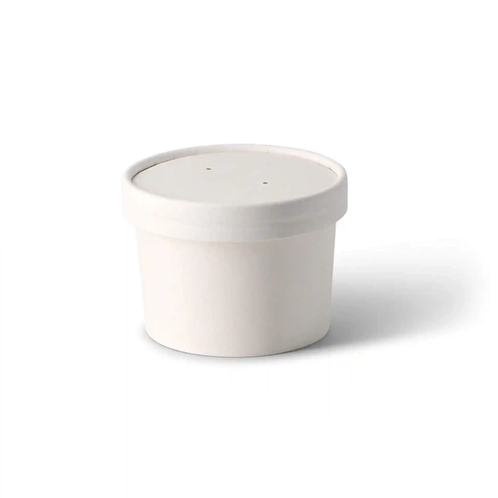 Conteneur rond en carton blanc pour soupe à emporter avec surface enduite et couvercle plat.
