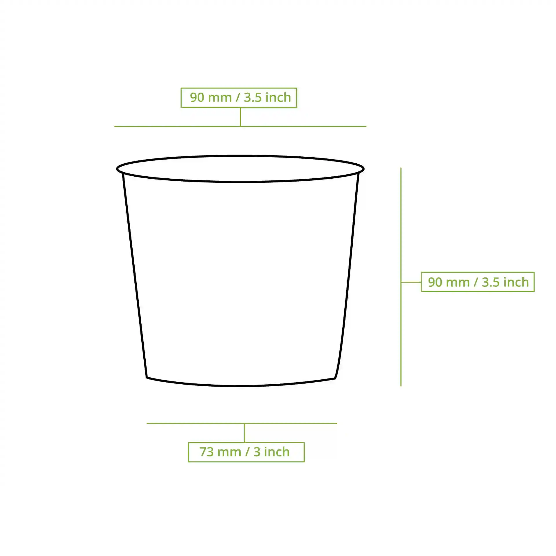 Dessin schématique d'un bol à soupe rond avec dimensions : hauteur 90 mm, diamètre supérieur 90 mm, diamètre inférieur 73 mm.