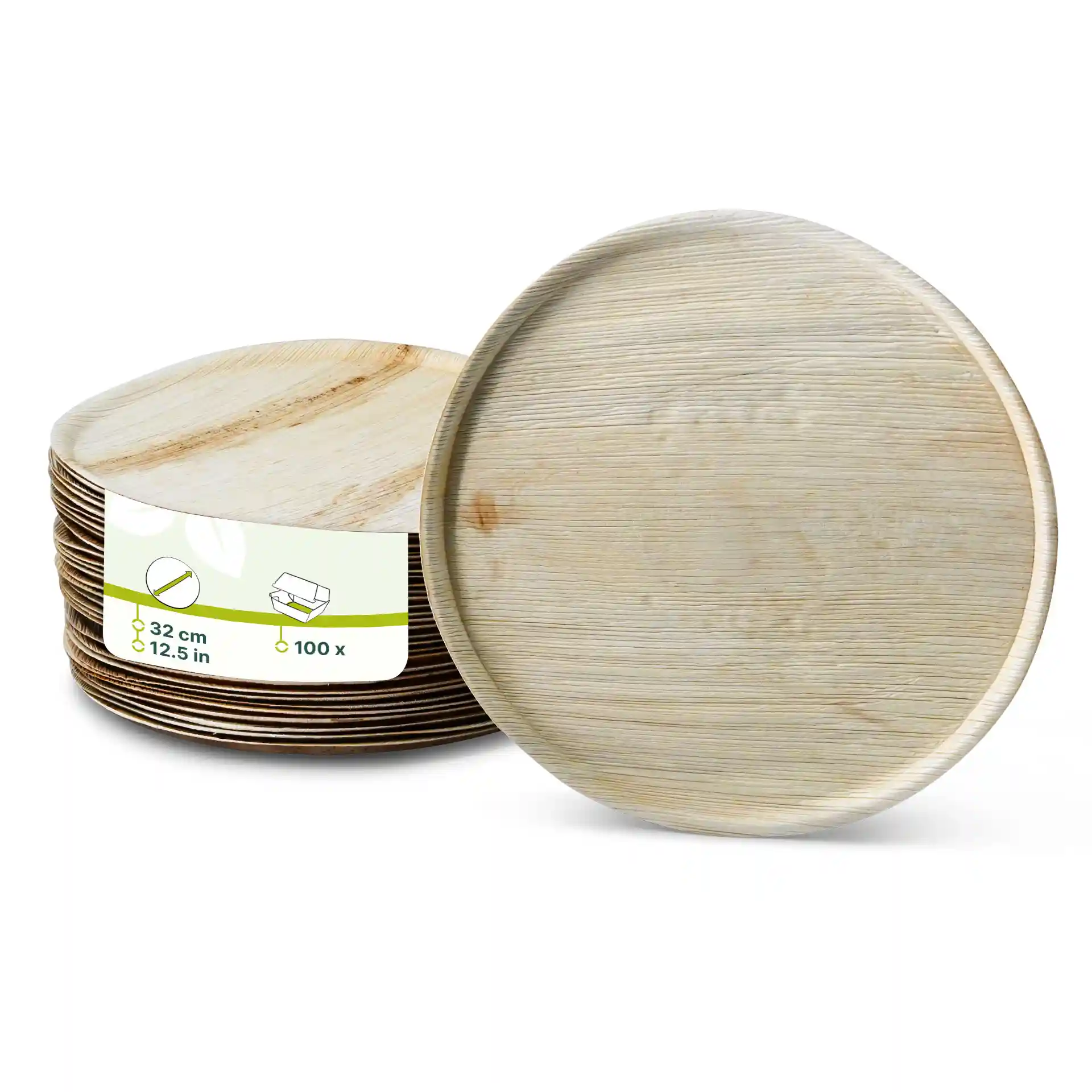 Assiette à pizza en feuille de palmier ronde de 32 cm de diamètre, montrant une pile de plusieurs assiettes et une étiquette.