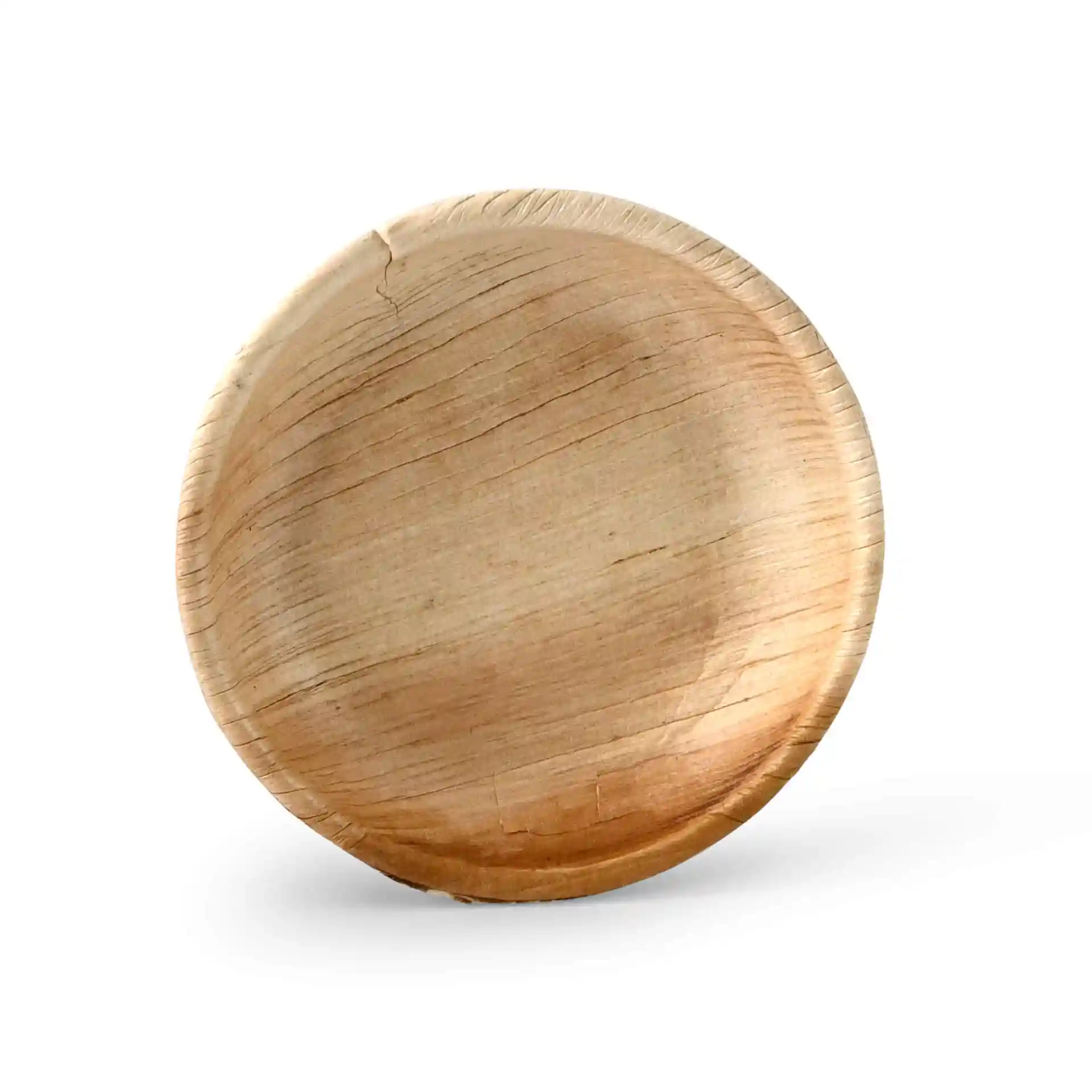 Bol rond en feuille de palmier avec une texture grainée, mesurant 100 mm de diamètre et 20 mm de hauteur.