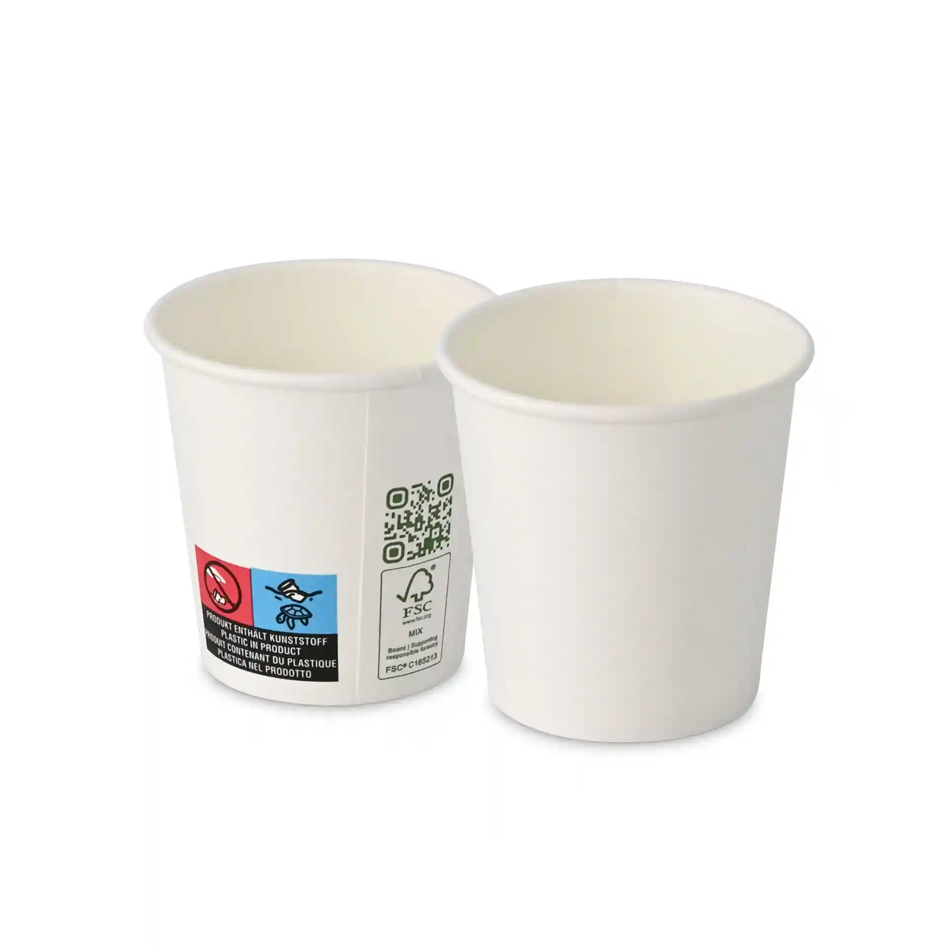 Gobelet blanc, capacité de 100 ml, simple paroi, diamètre de 62 mm, avec étiquettes et symboles sur le côté.