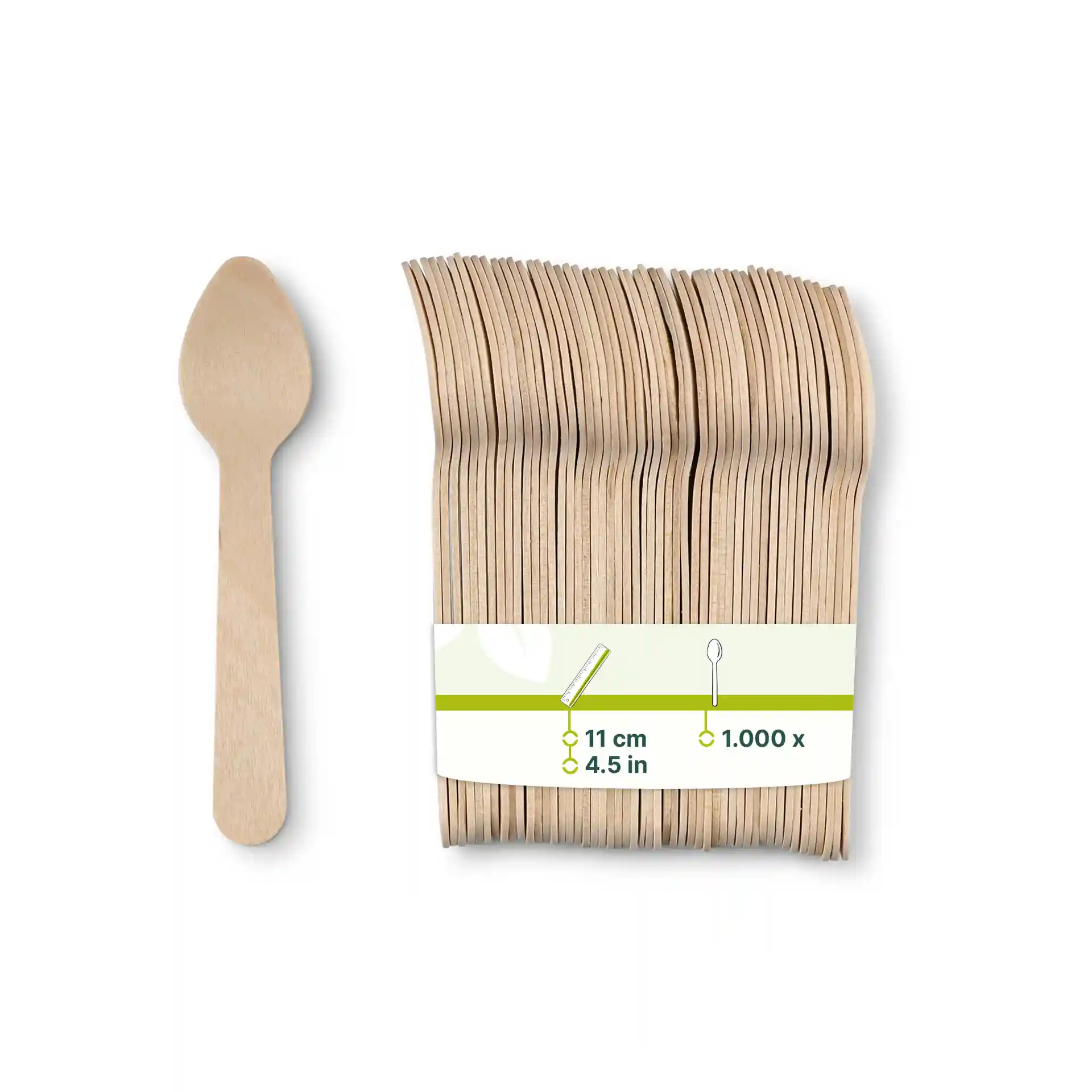Cuillère en bois pour espresso avec finition brune, présentée à côté d'un paquet contenant plusieurs cuillères.