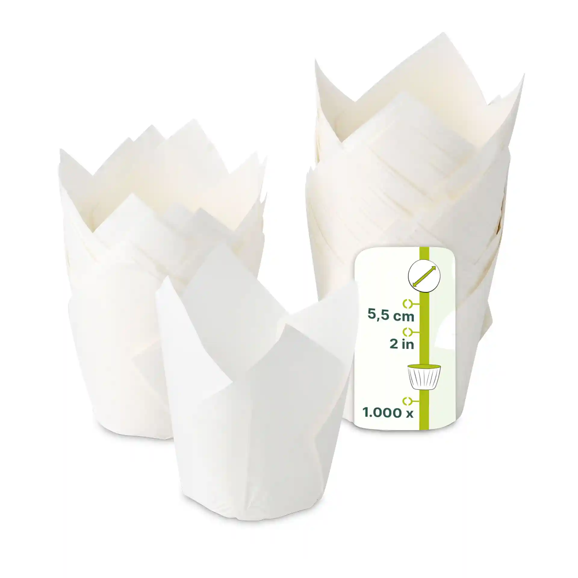 Cups à muffins blancs de 80 mm de hauteur et 50 mm de diamètre, présentés en pile avec une étiquette.