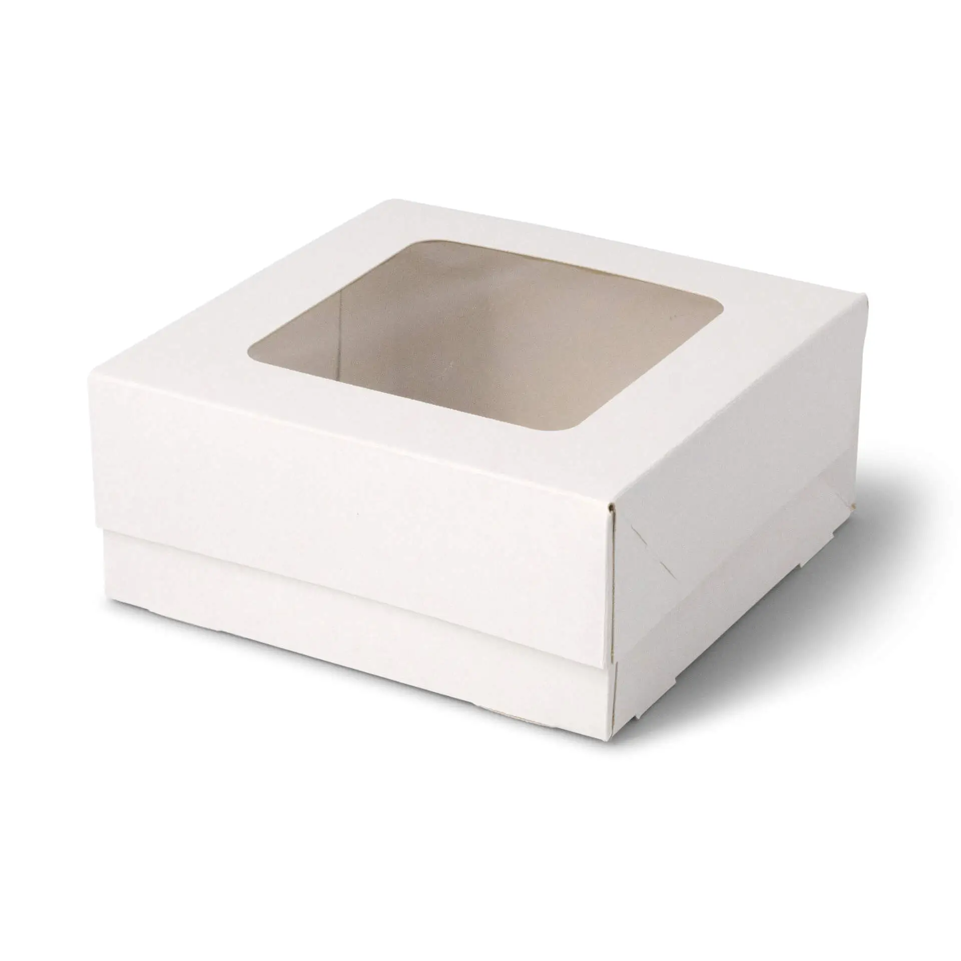 Boîte à cupcakes blanche avec une fenêtre en cellulose, conçue pour contenir quatre pâtisseries comme des muffins ou des brownies.