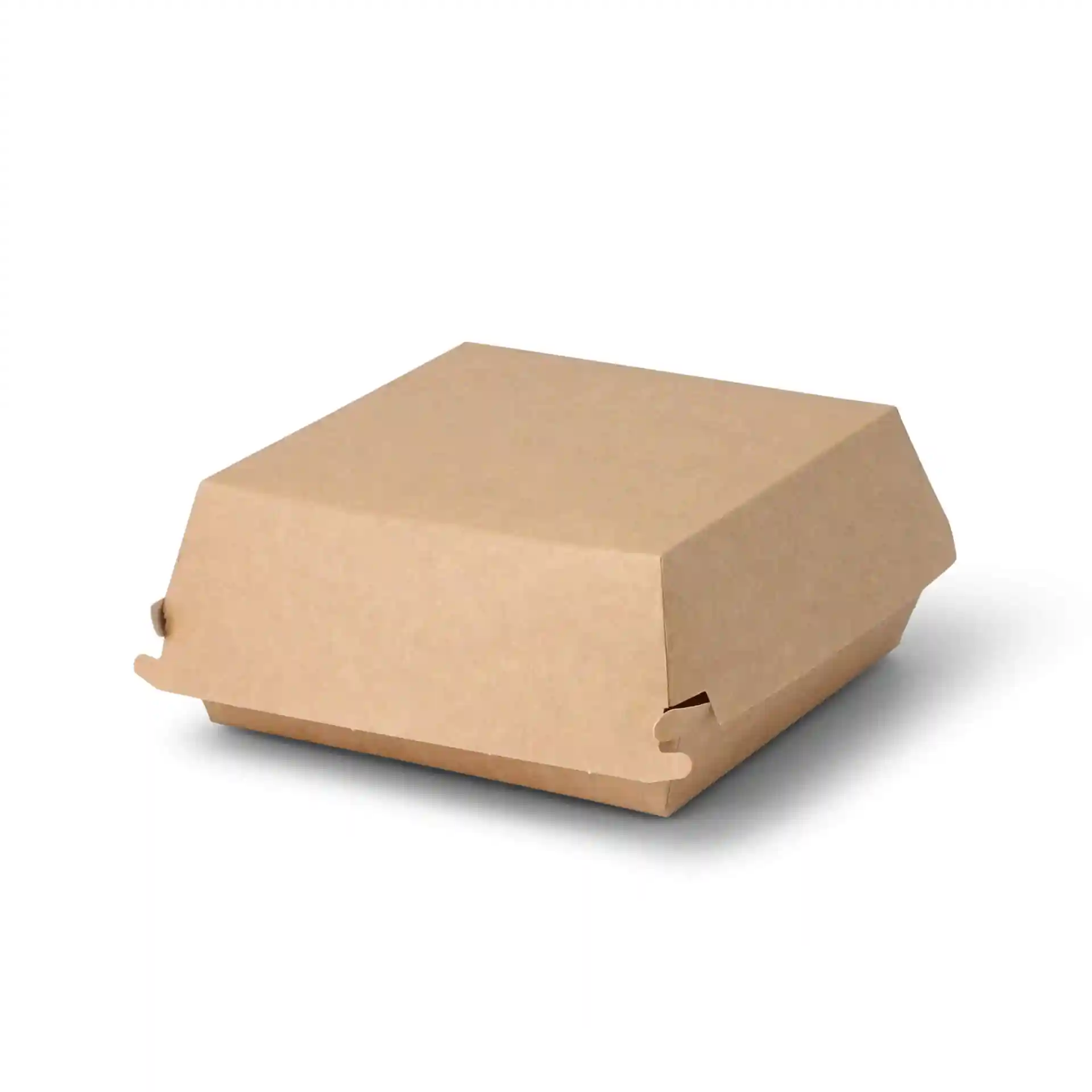 Boîte à burger à emporter carrée marron en carton, mesurant 14,5 x 14,5 x 8 cm.