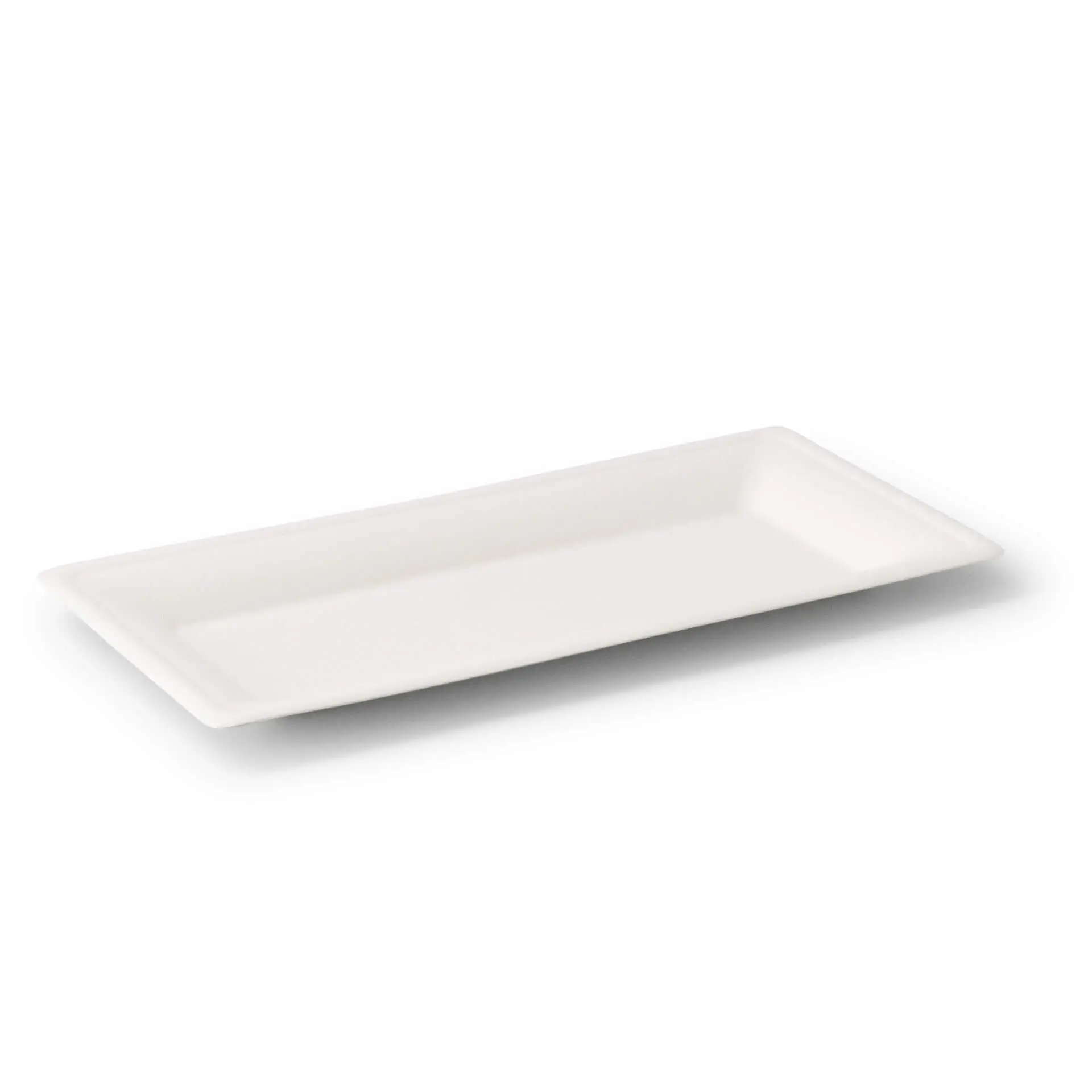 Assiette rectangulaire en canne à sucre biodégradable, mesurant 26 x 13 cm, adaptée pour plats chauds et froids.