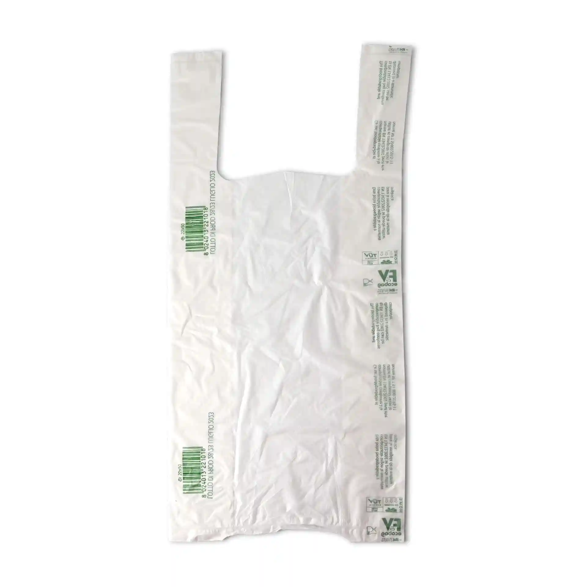 Sac en plastique blanc avec poignées, dimensions 22 x 13 x 50 cm, design imprimé, emballage enroulé avec 200 pièces.