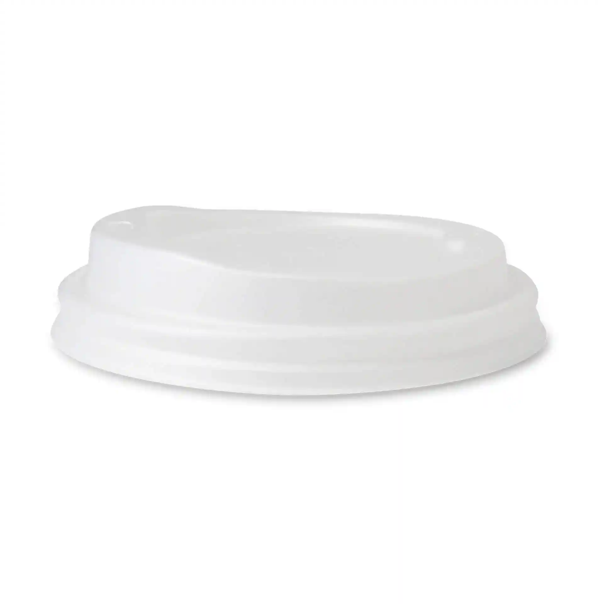 Couvercle CPLA blanc avec trou pour boire, mesurant 90 mm de diamètre et 18 mm de hauteur.