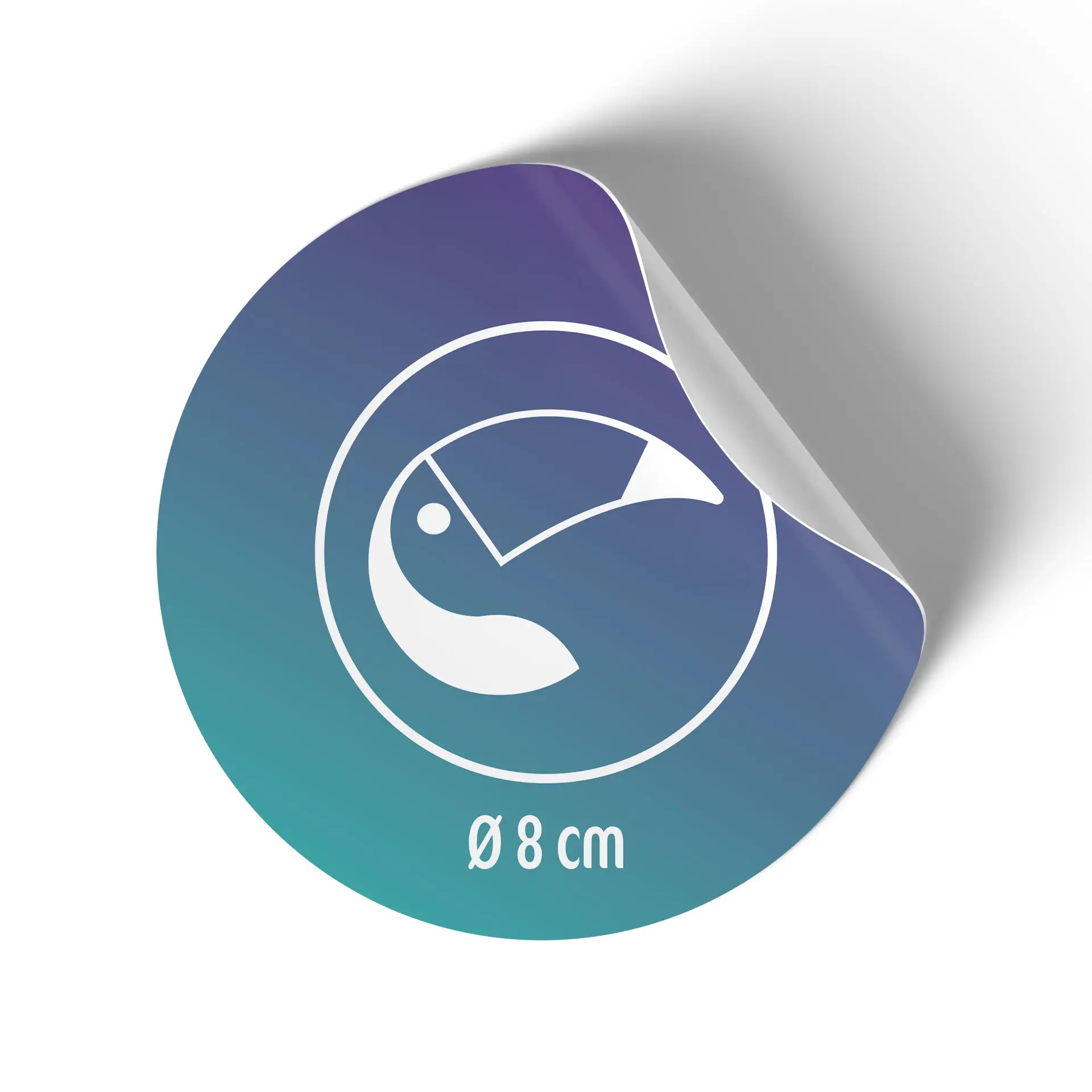 Étiquette ronde personnalisée, 8 cm de diamètre, avec un design blanc sur fond dégradé et un bord partiellement décollé.