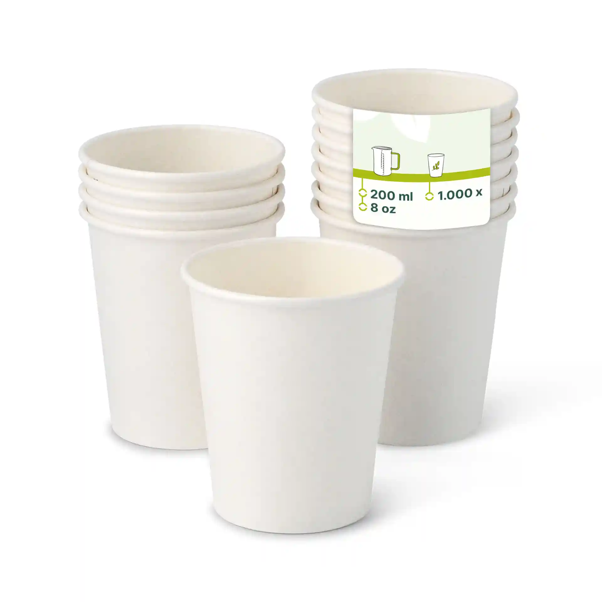 Gobelets en papier blancs empilés, avec un gobelet devant indiquant une capacité de 200 ml et une taille de 8 oz.
