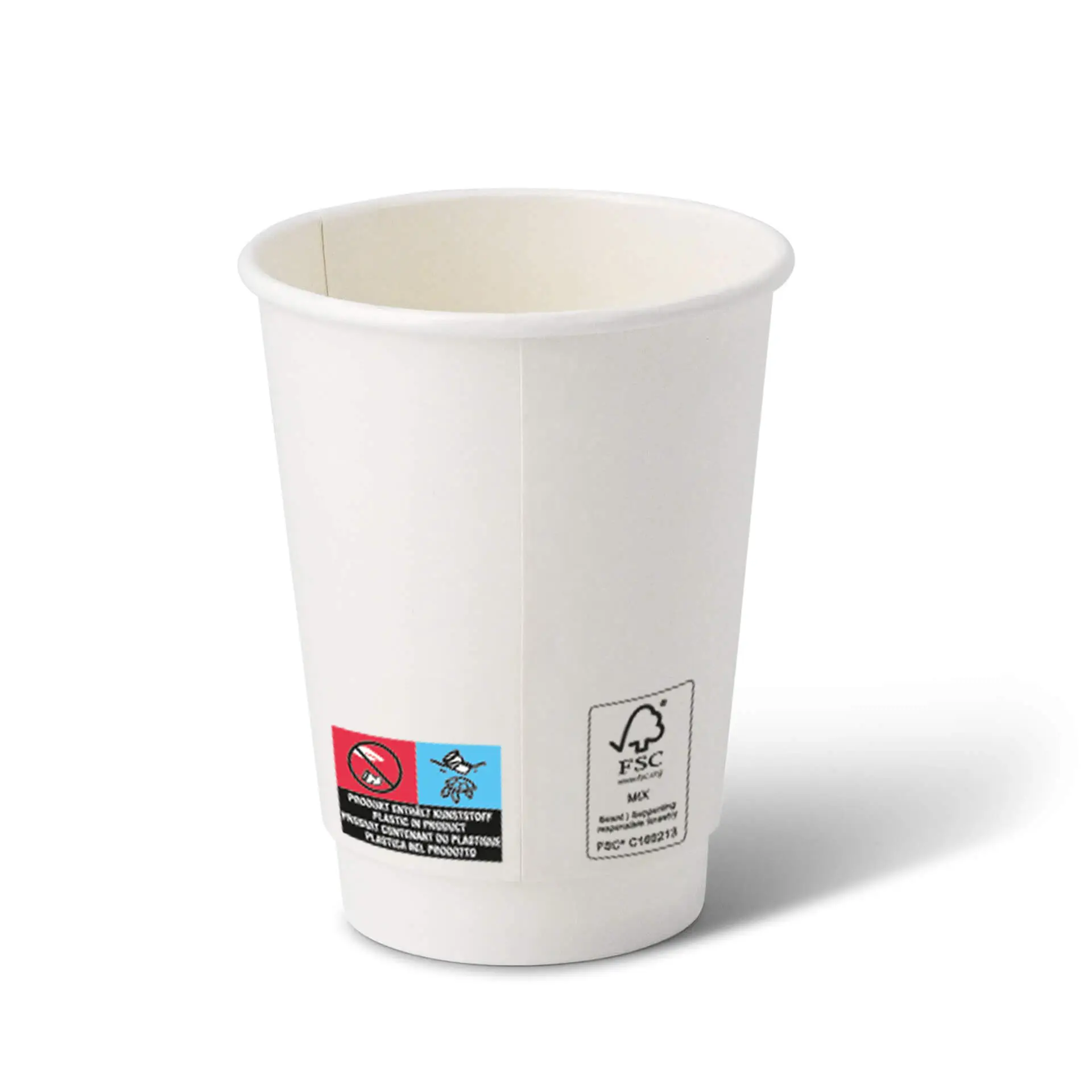Gobelet en carton blanc à double paroi de 90 mm de diamètre avec diverses étiquettes sur le côté.