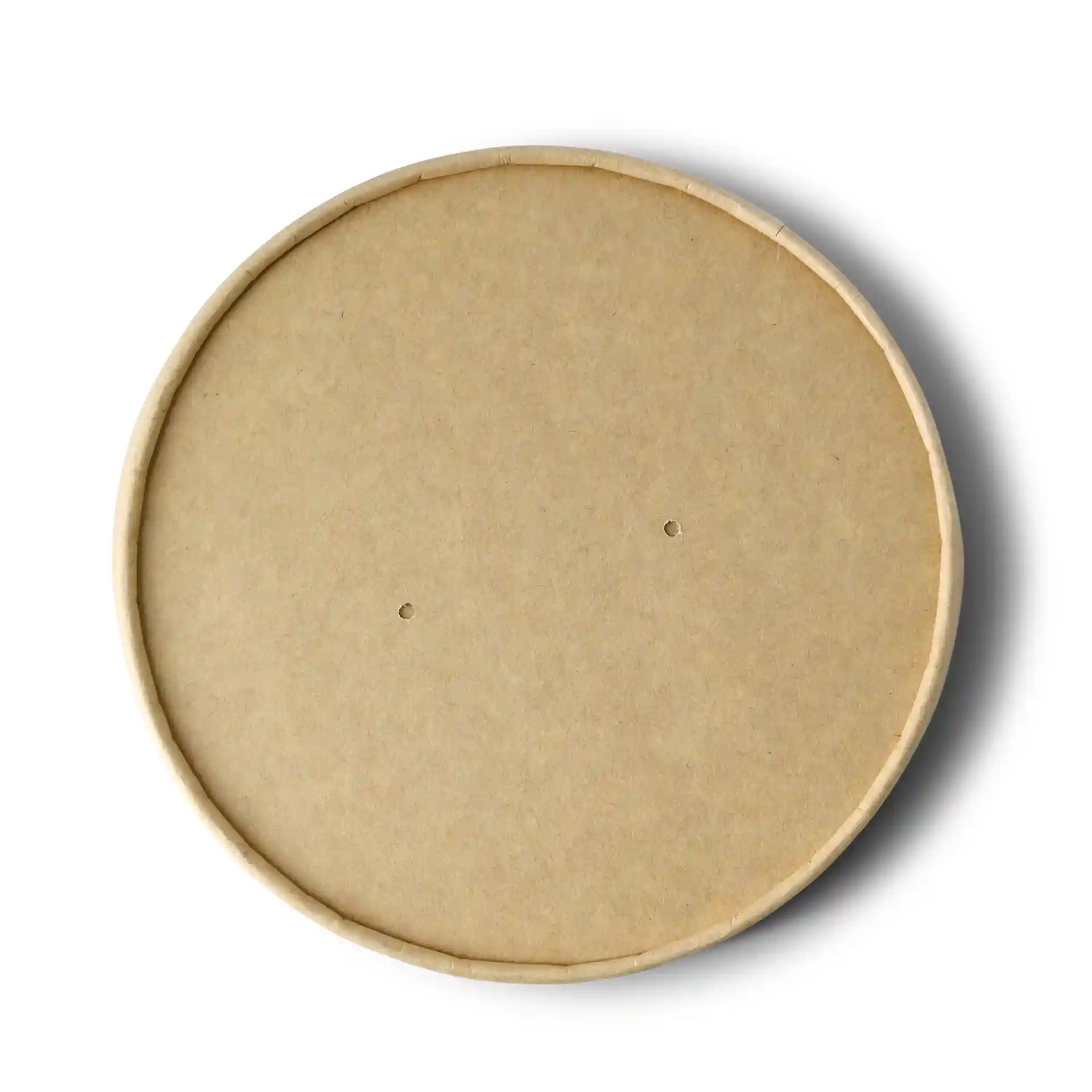 Couvercle rond en carton brun d'un diamètre de 150 mm, avec deux petits trous à la surface.
