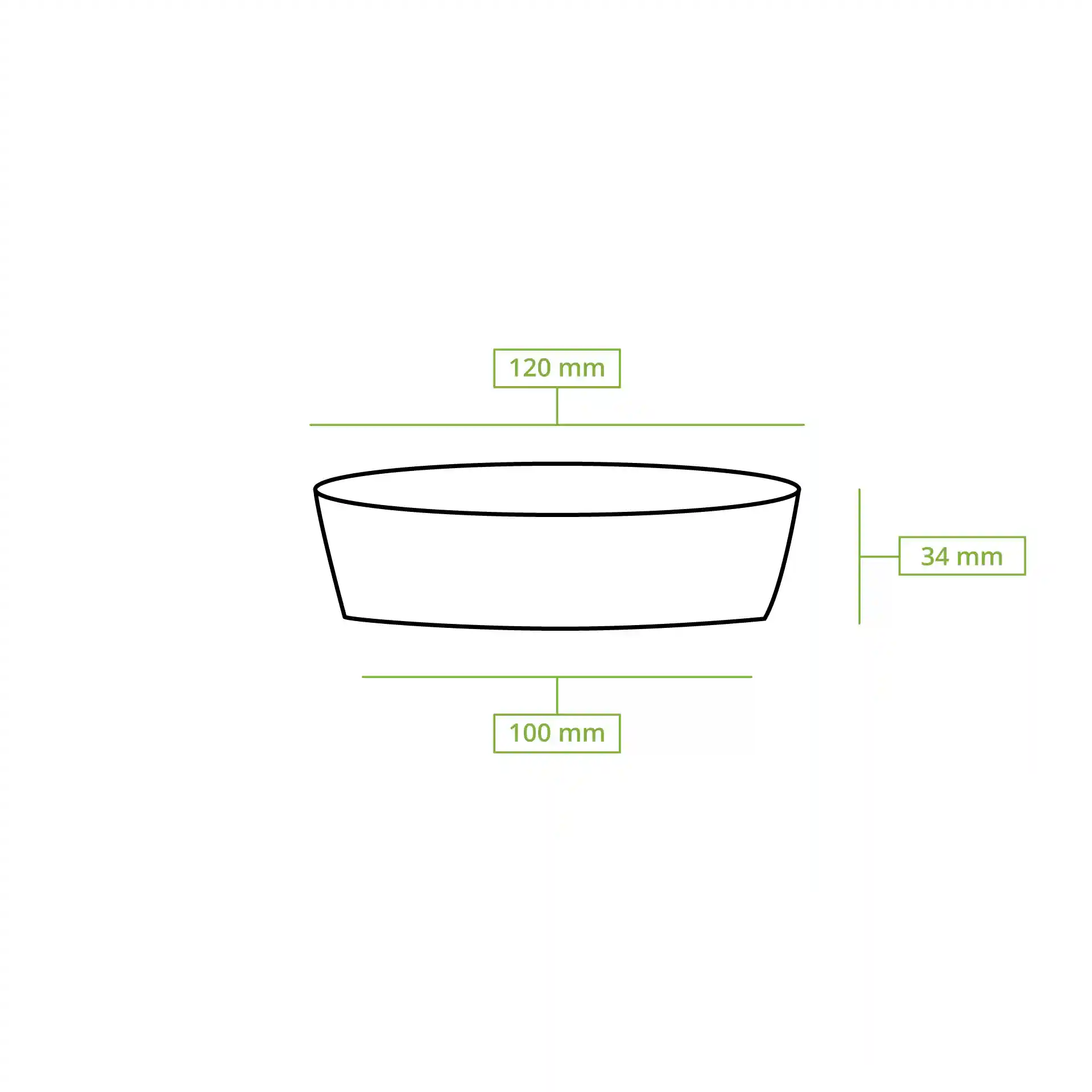 Dessin schématique d'un contenant rond de charcuterie avec dimensions : 120 mm de diamètre, 34 mm de hauteur et 100 mm de diamètre de fond.