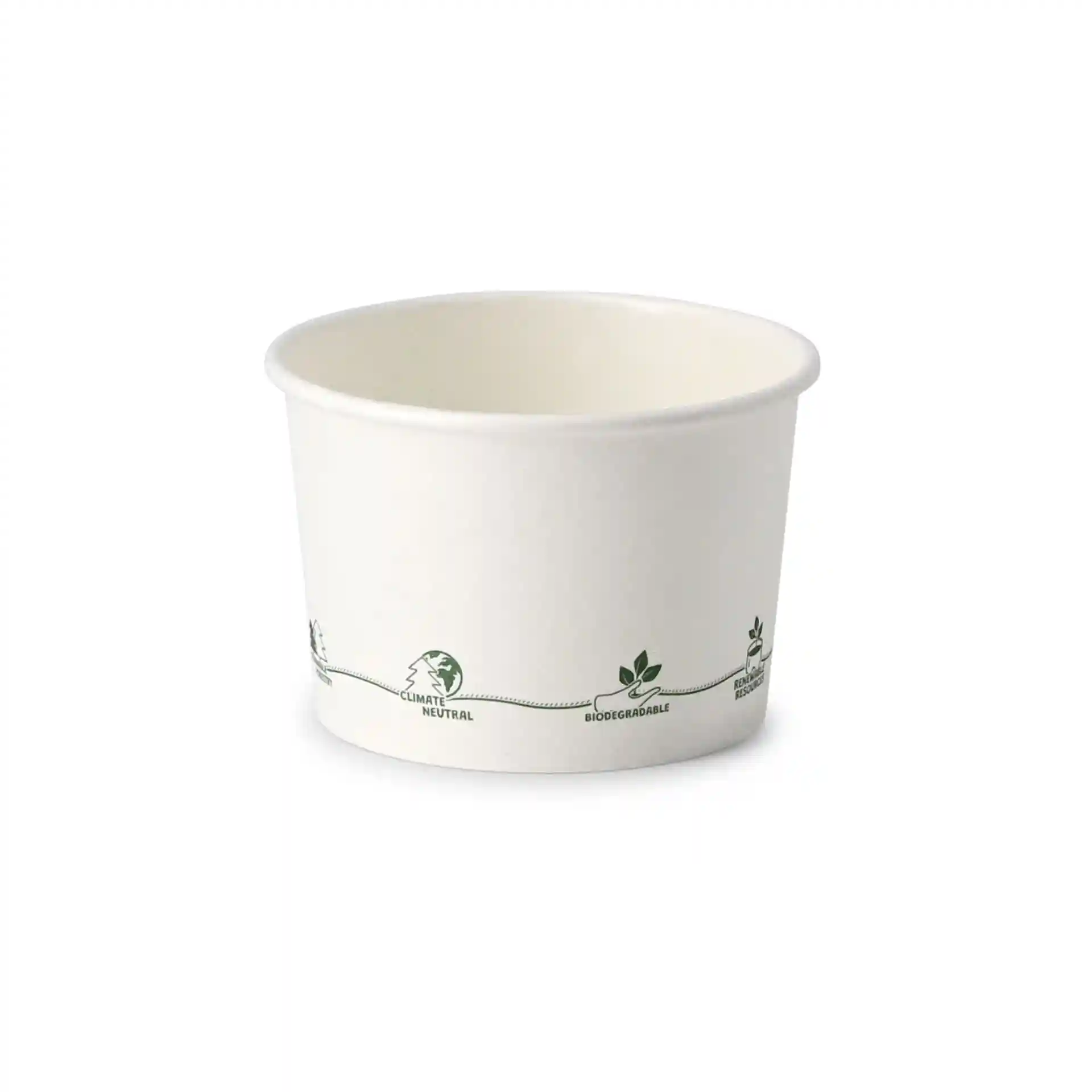 Gobelet en carton rond pour soupe avec icônes écologiques imprimées, capacité de 8 oz, diamètre 90 mm, hauteur 60 mm.