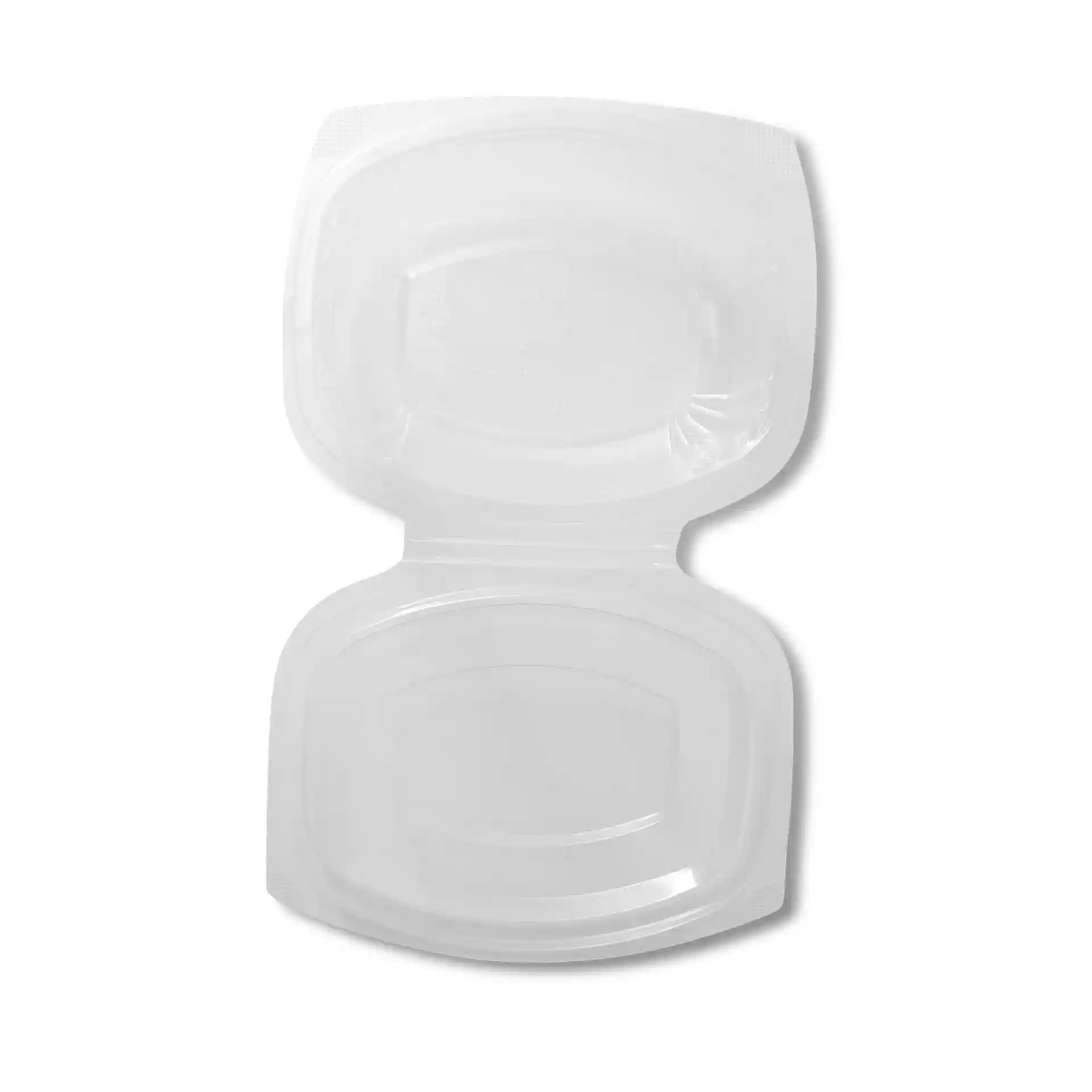 Bol rectangulaire en PLA transparent avec un couvercle pliant, mesurant 160 mm de long et 130 mm de large.