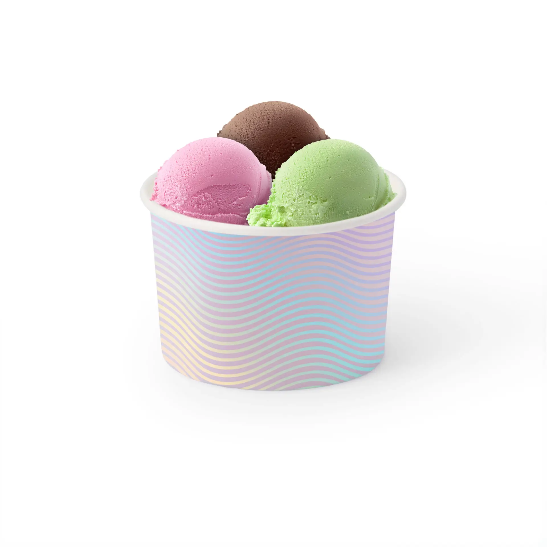 Deux boules de glace, une rose et une verte, dans un gobelet à glace blanc personnalisable avec logo étoile.