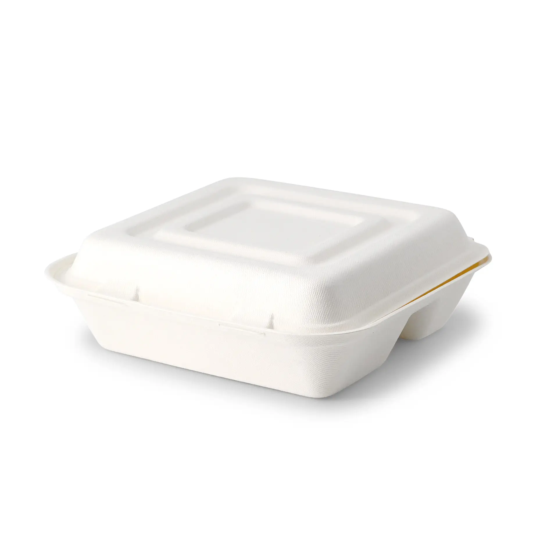Boîte repas en bagasse, 23,5 x 23,5 x 8 cm, 3 compartiments, couvercle à charnière, rectangulaire