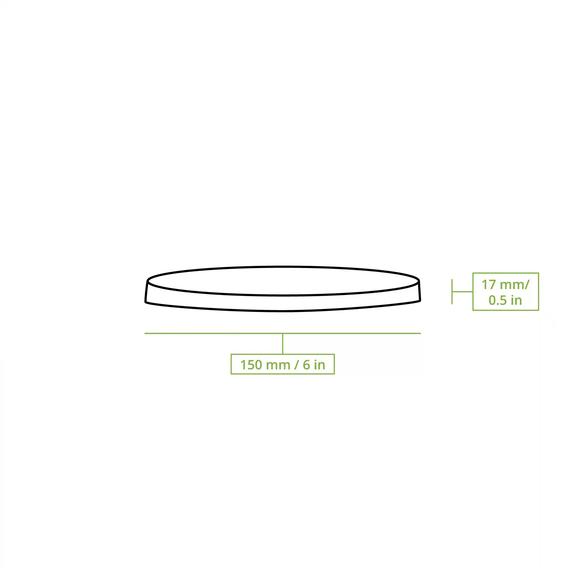 Dessin schématique d'un couvercle en carton rond avec un diamètre de 150 mm et une hauteur de 17 mm.