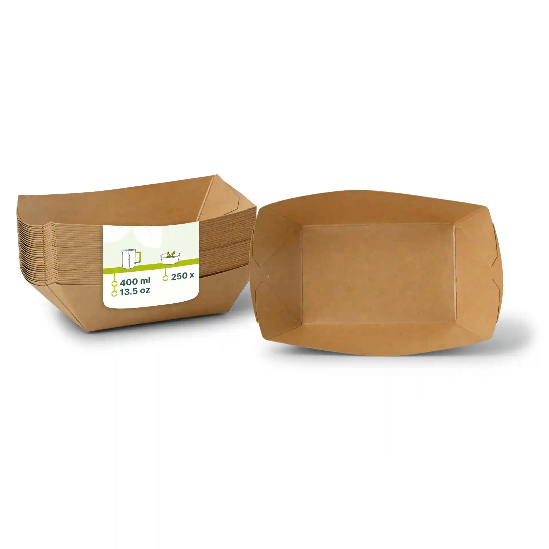 Plateaux à snacks en carton brun, capacité de 400 ml, avec une étiquette indiquant les dimensions et la quantité, empilés avec un plateau visible.