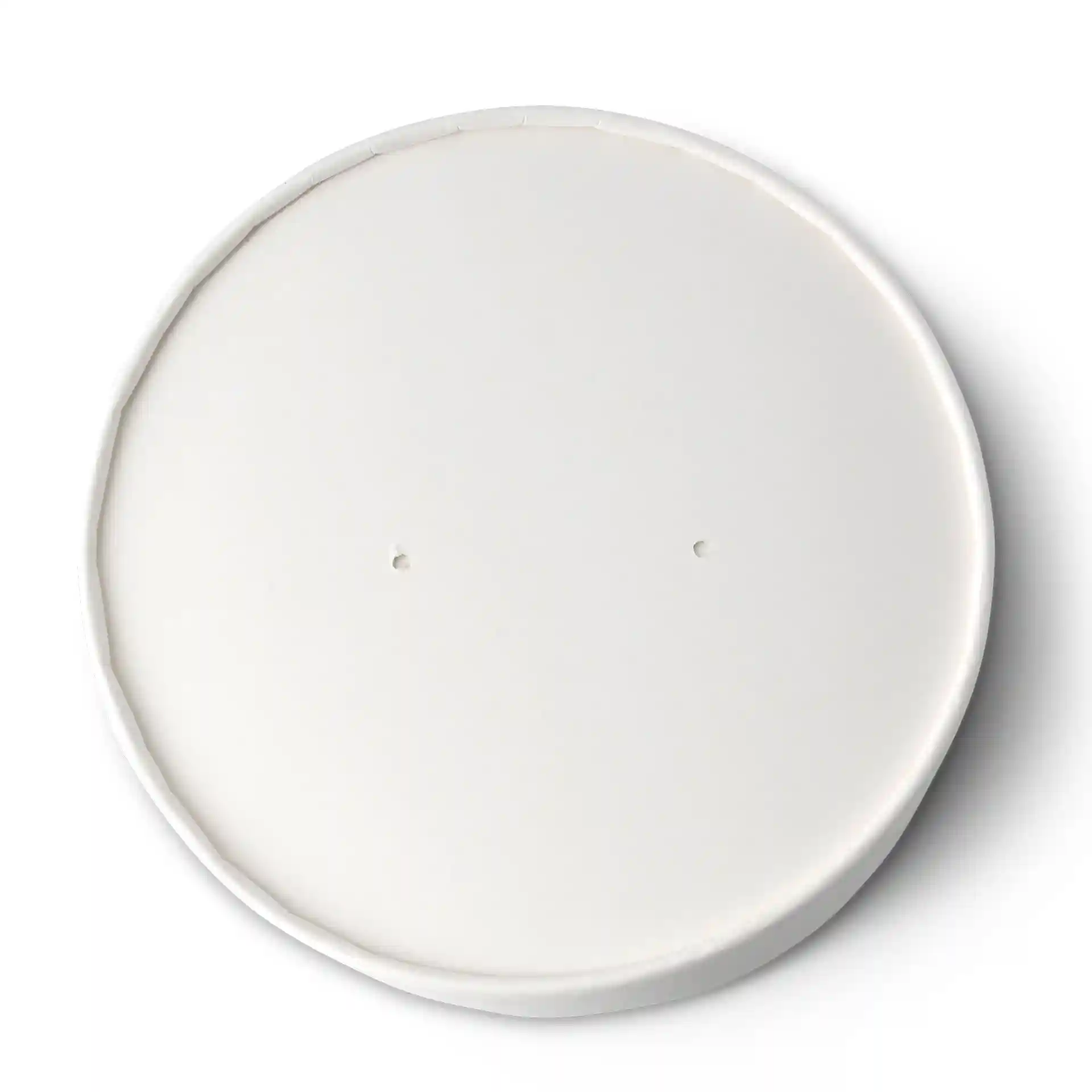 Couvercle rond en carton blanc avec surface enduite, comportant deux petits trous sur le dessus.
