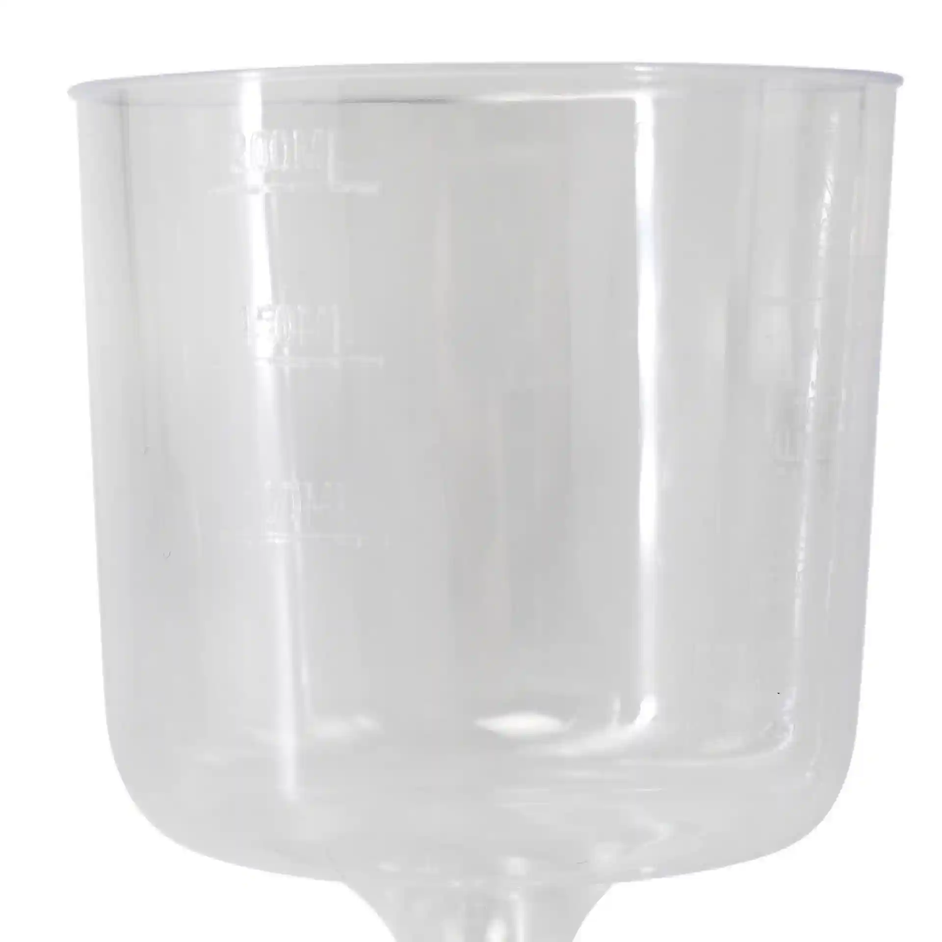 Verre à vin réutilisable transparent d'une capacité de 200 ml, avec des repères de mesure sur le côté.
