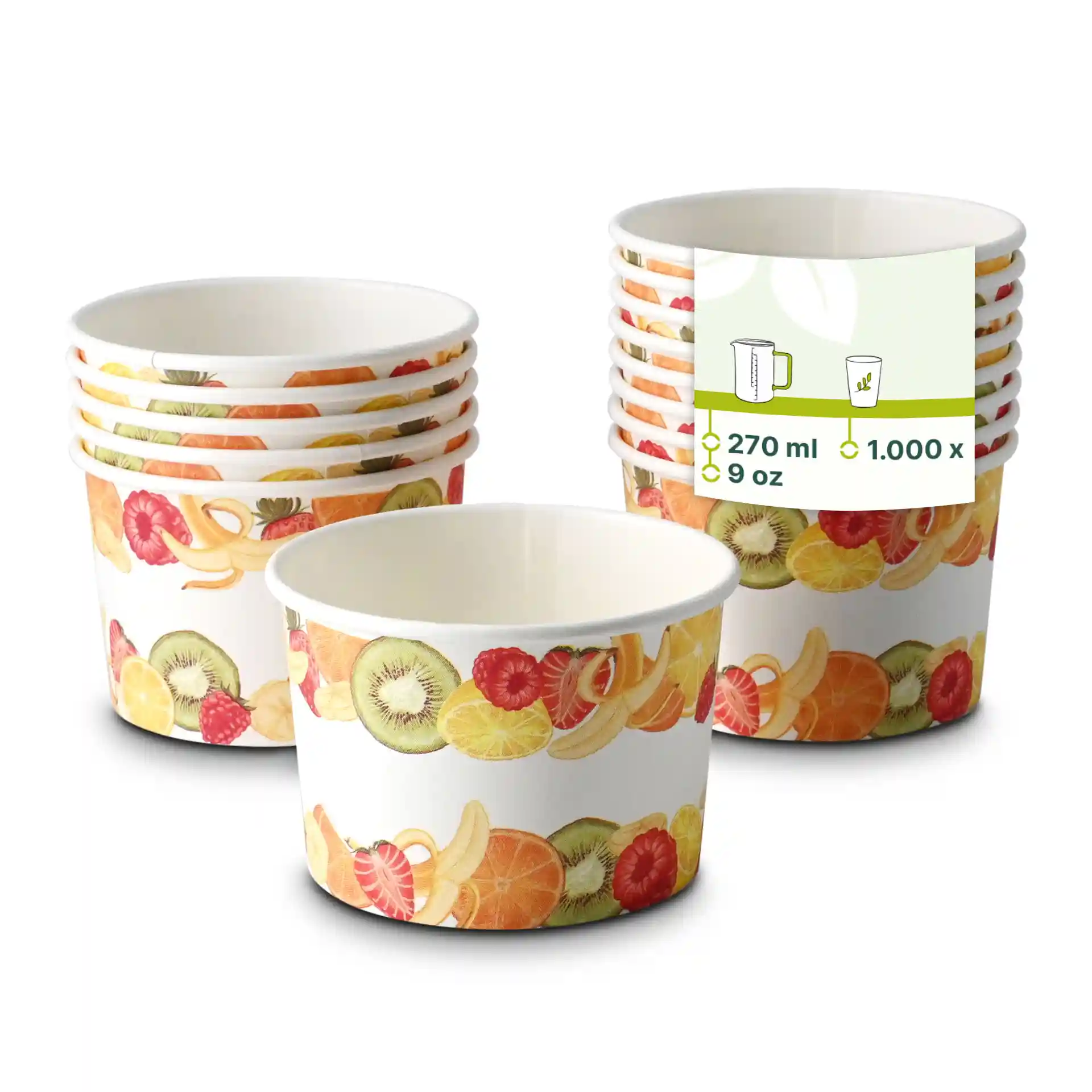 Gobelets en papier avec un design de fruits, capacité de 8 oz, empilés avec un gobelet devant montrant l'intérieur.