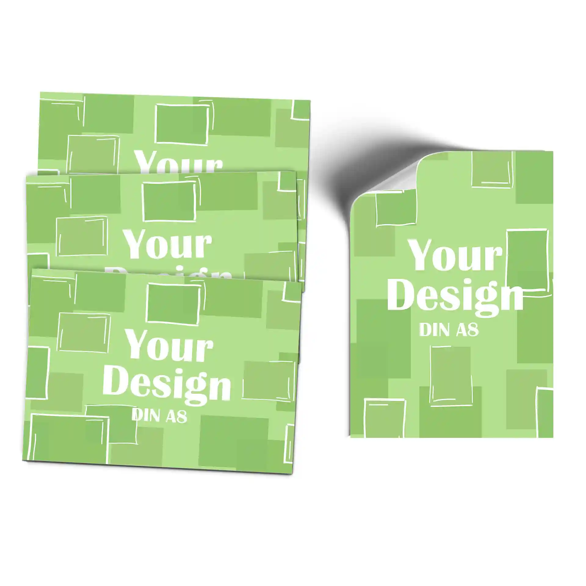 Étiquettes rectangulaires imprimées en vert avec texte blanc, présentant un motif de design, taille DIN A8.