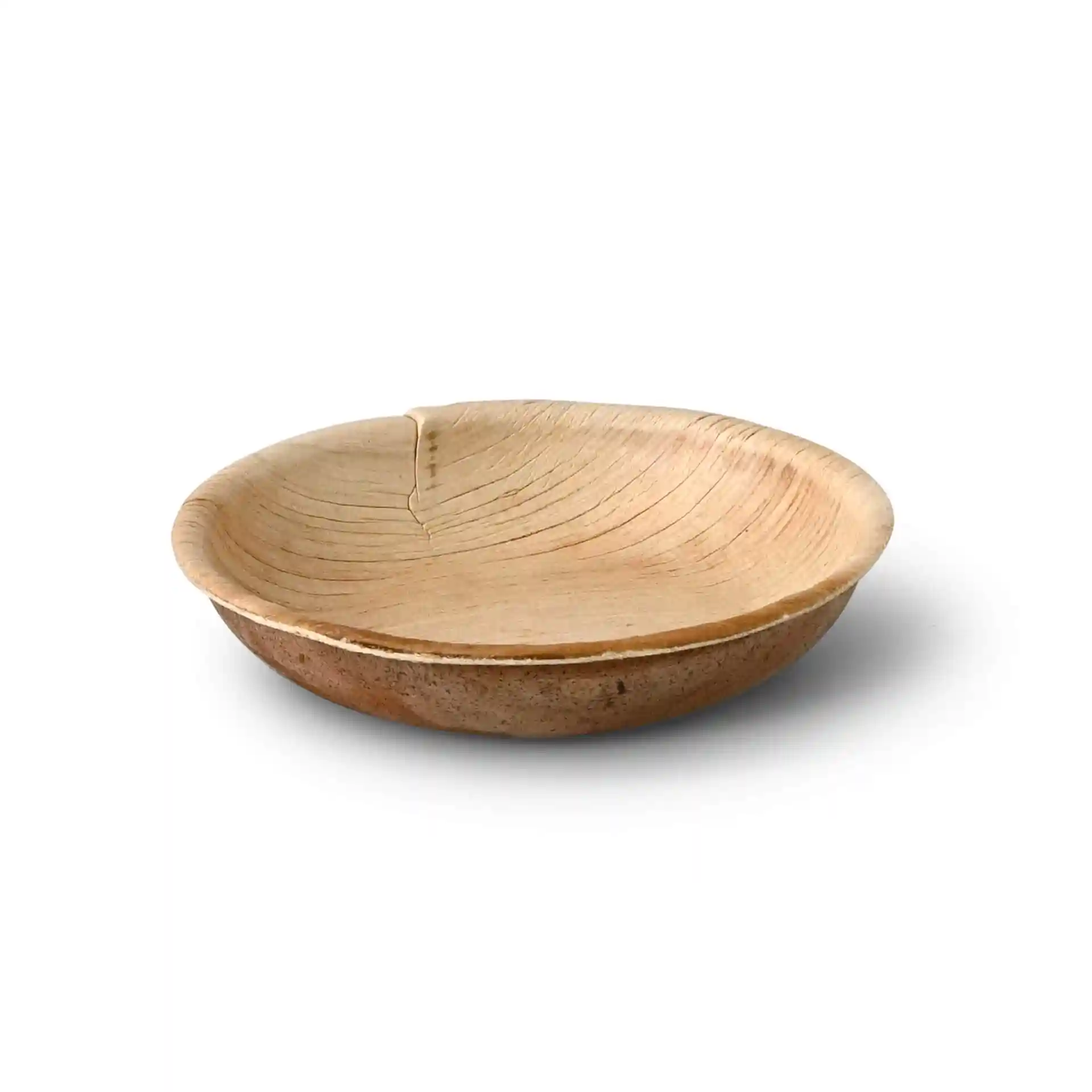 Bol rond en feuille de palmier avec finition grain, mesurant 100 mm de diamètre et 20 mm de hauteur.