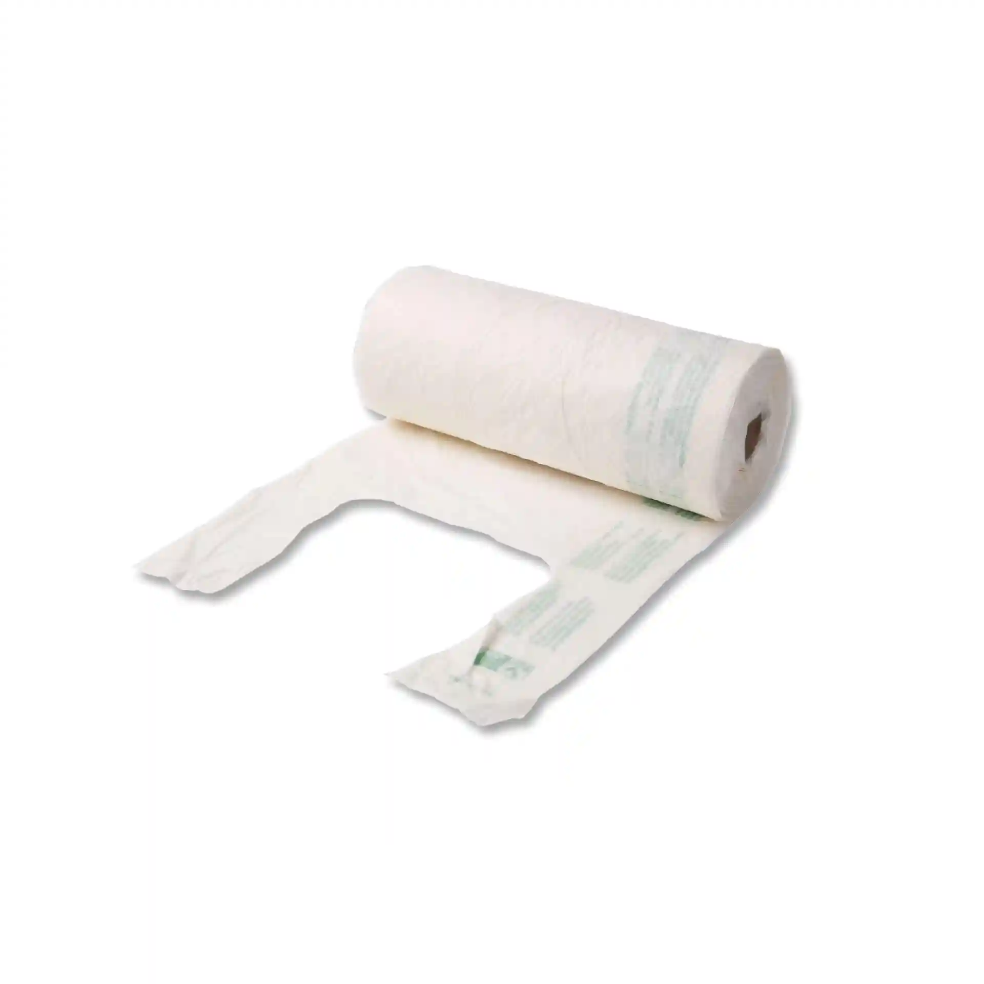 Rouleau de sacs Mater-Bi®, 22 x 13 cm, avec plusieurs sacs partiellement déroulés, sur un fond uni.