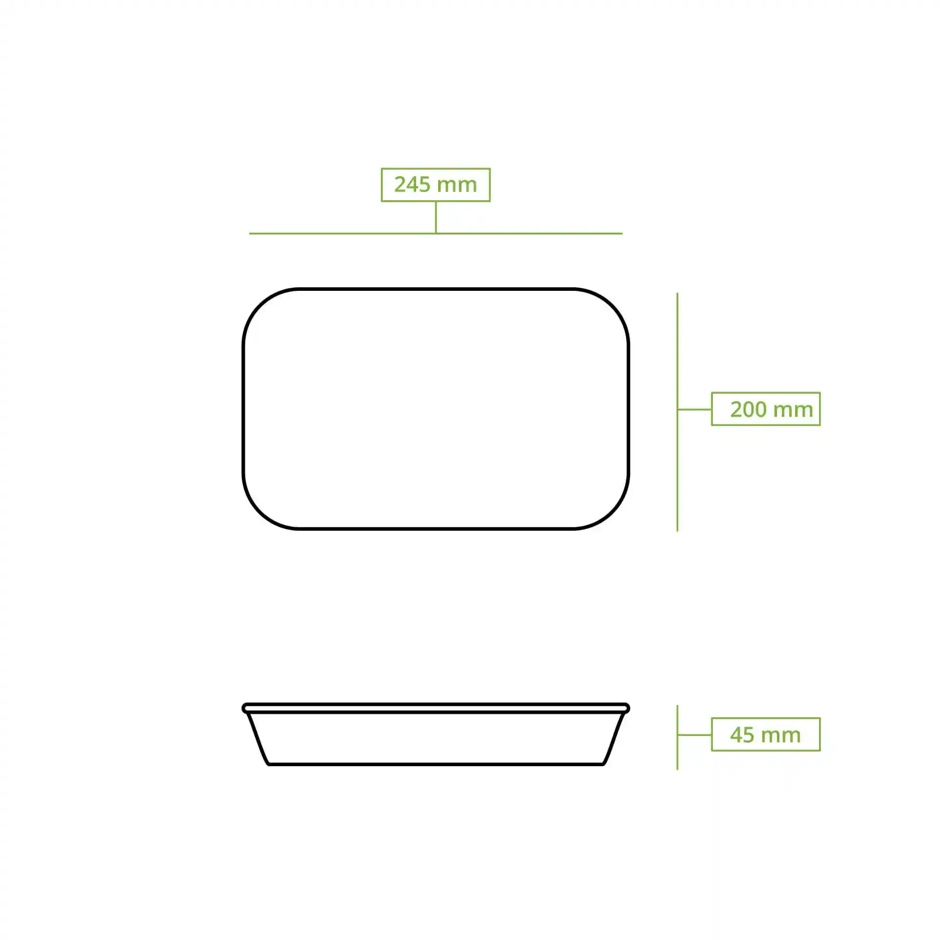 Dessin schématique d'un conteneur rectangulaire avec des dimensions de 245 mm de longueur, 200 mm de largeur et 45 mm de hauteur.