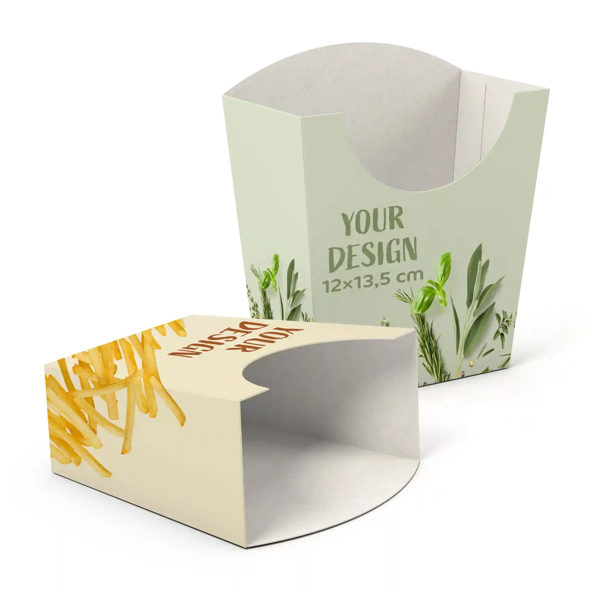 Image de deux pelles à frites personnalisées, l'une avec un design de frites et l'autre avec un design de plante verte.