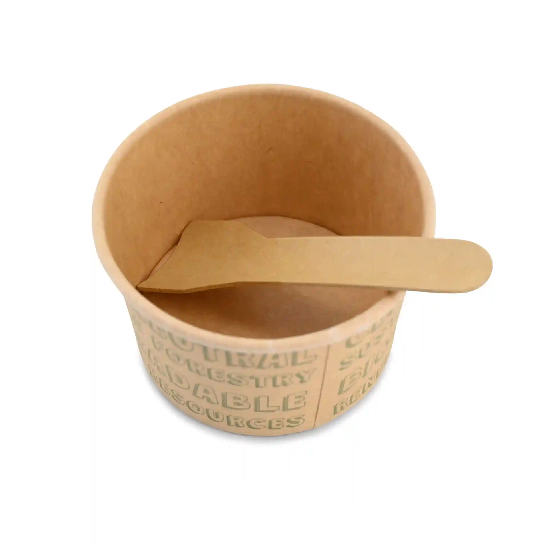 Gobelet en papier brun avec une cuillère en papier plate à l'intérieur, comportant un texte imprimé à l'extérieur.