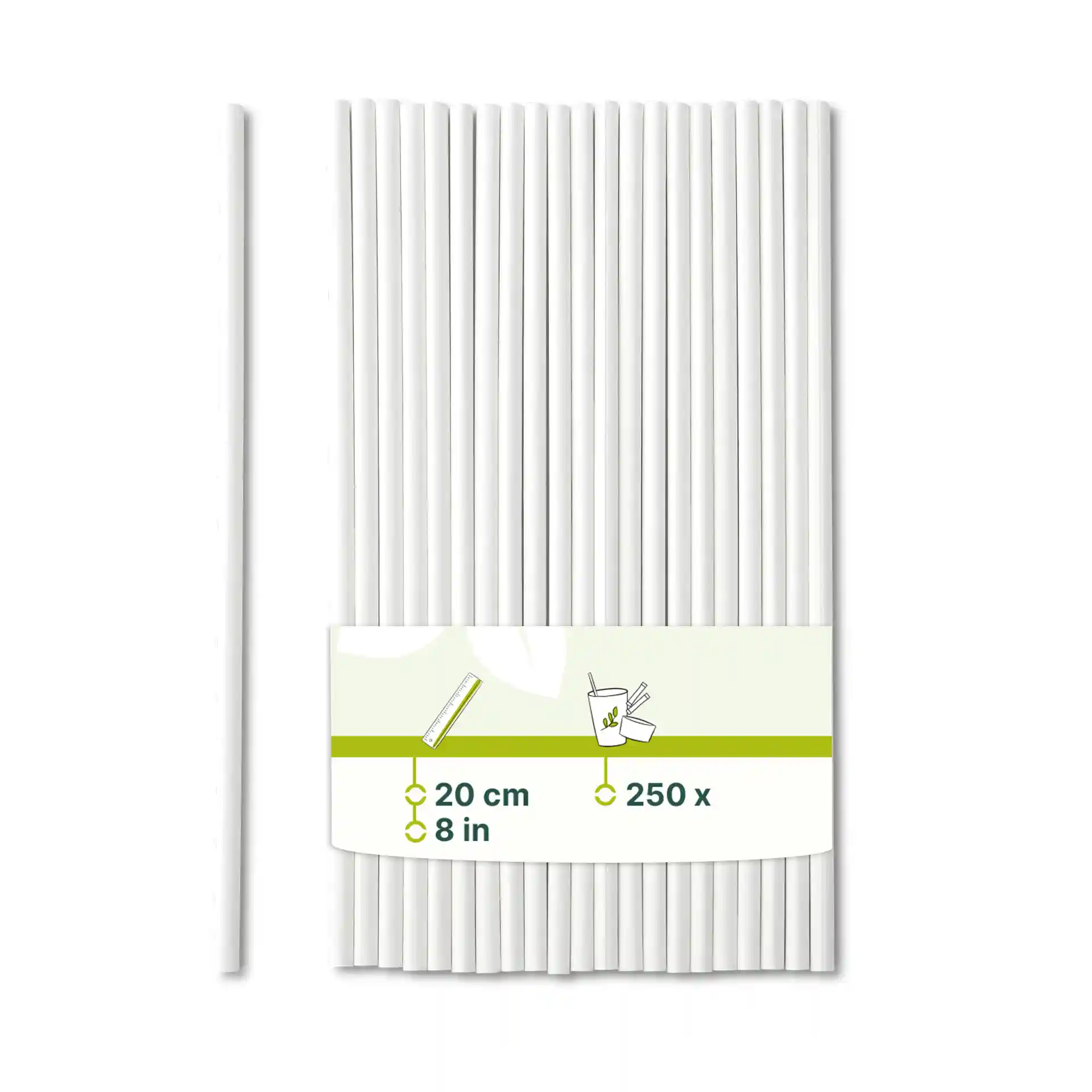 Pailles en papier blanches, longues de 20 cm et de 0,5 cm de diamètre, disposées verticalement avec une étiquette montrant les détails du produit.