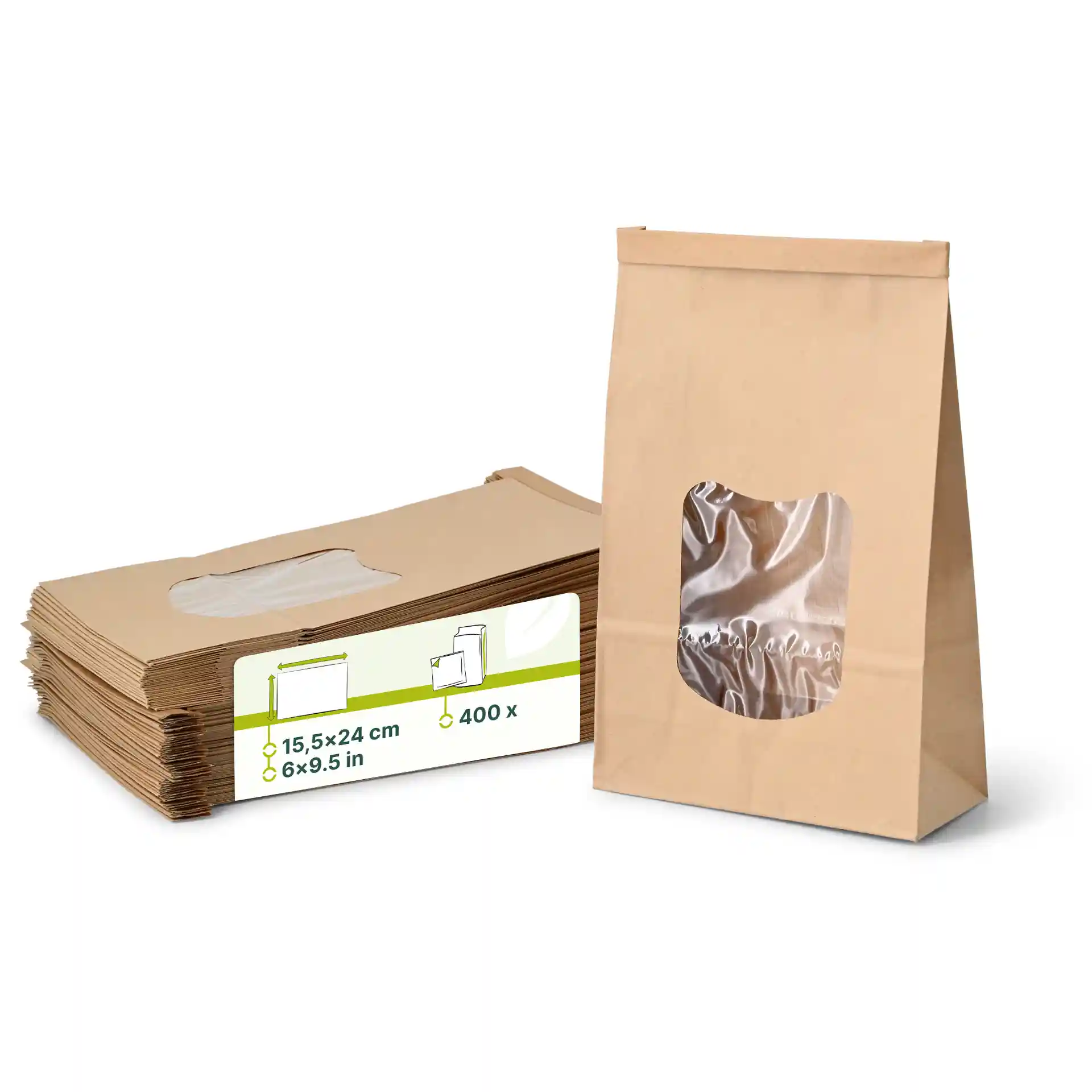 Sac en papier brun à fond plat avec fenêtre transparente, mesurant 15,5 x 24 cm, présenté avec une pile de sacs similaires.