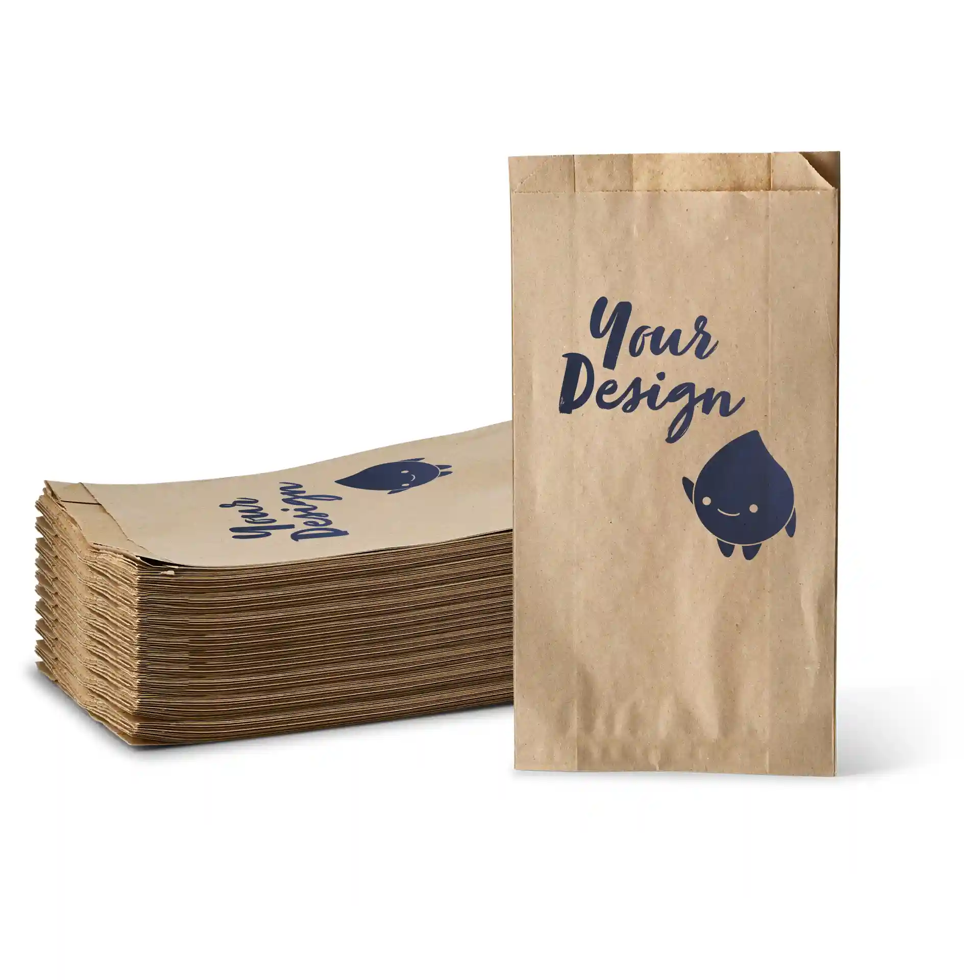 Sacs à pain en papier brun imprimés avec un design comportant du texte et un personnage, empilés avec un sac debout.