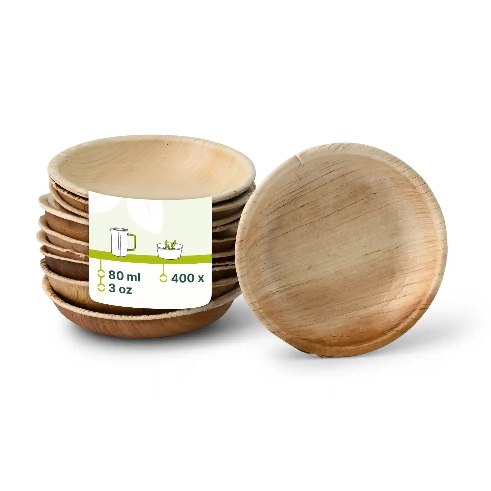 Bols ronds en feuille de palmier avec une finition grainée, empilés avec une étiquette indiquant une capacité de 80 ml et 400 unités.