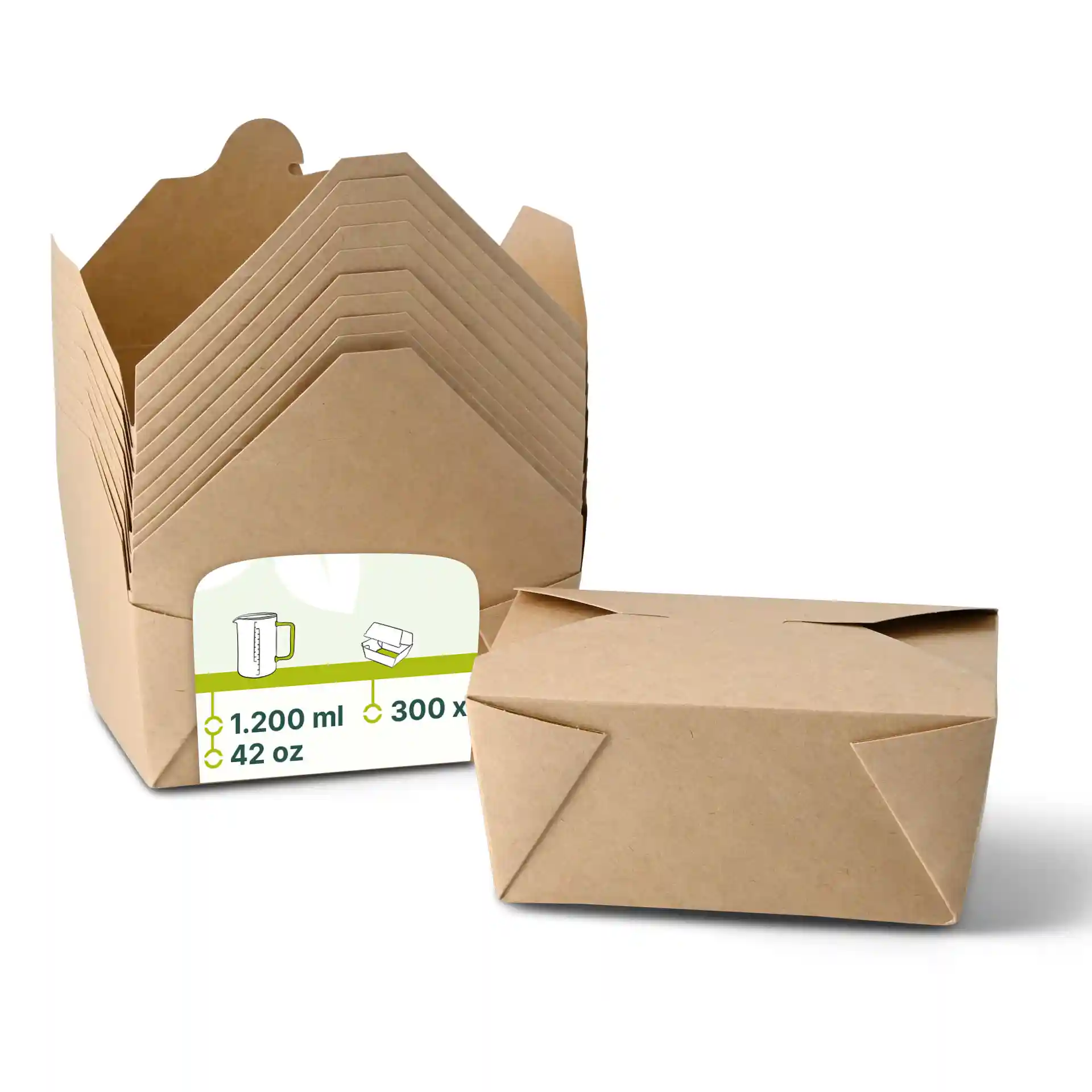 Boîte en carton marron de forme rectangulaire, empilée avec une étiquette indiquant une capacité de 1200 ml.