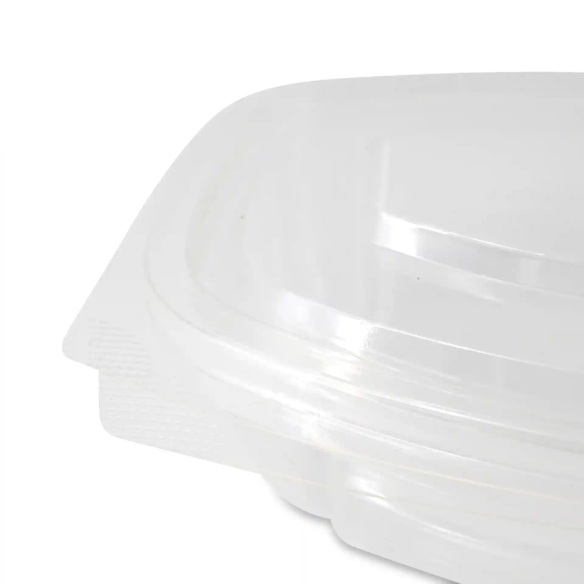 Bol deli rectangulaire transparent en PLA avec un couvercle pliant, gros plan sur le bord et la surface.